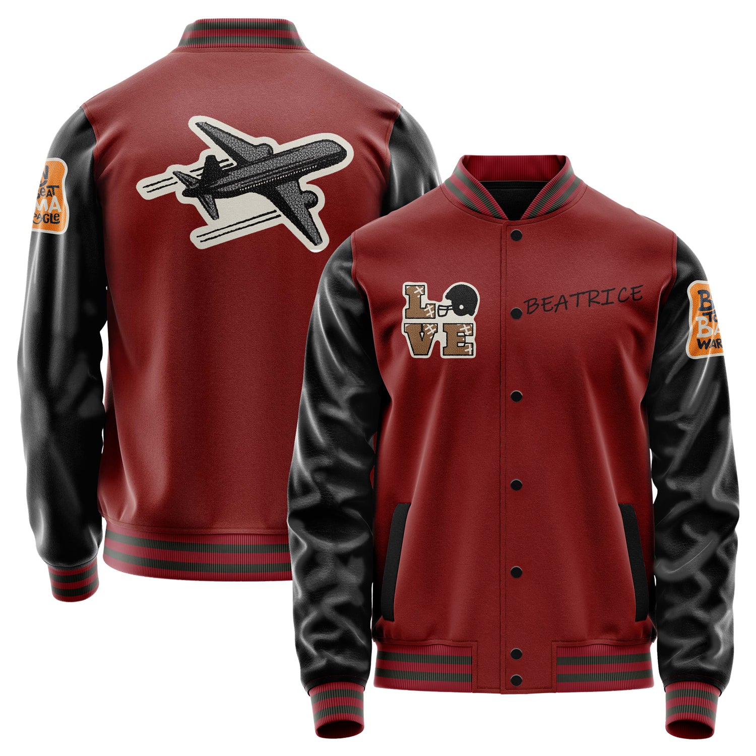 Custom Dark Red Varsity Jacket Patches Black Leather Sleeves - Love Footballl