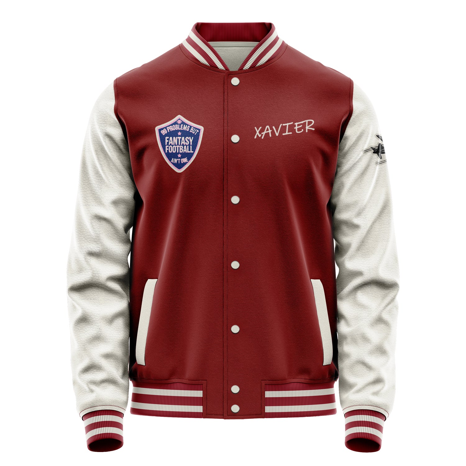 Custom Dark Red Varsity Jacket Patches Beige Leather Sleeves - Plane