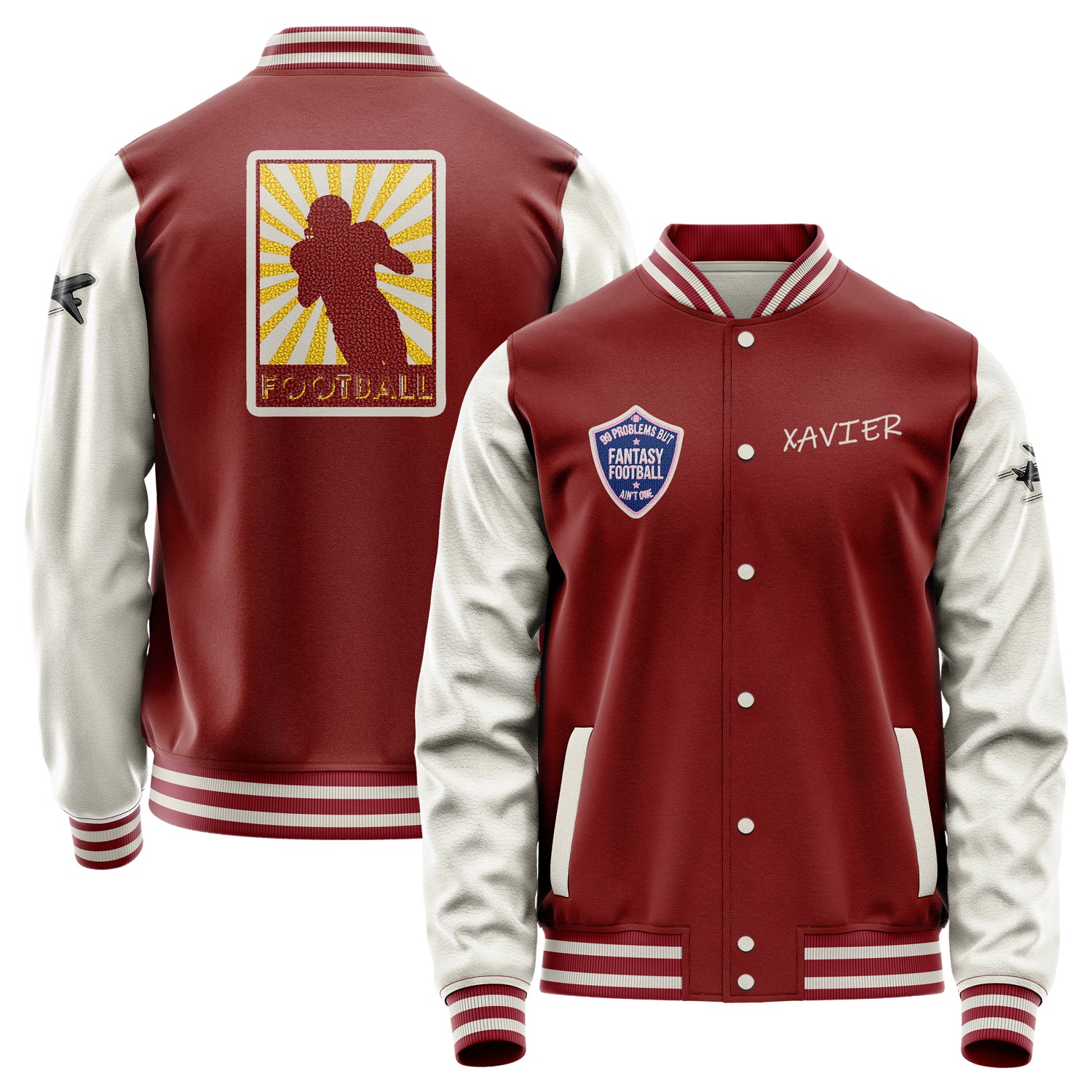 Custom Dark Red Varsity Jacket Patches Beige Leather Sleeves - Plane