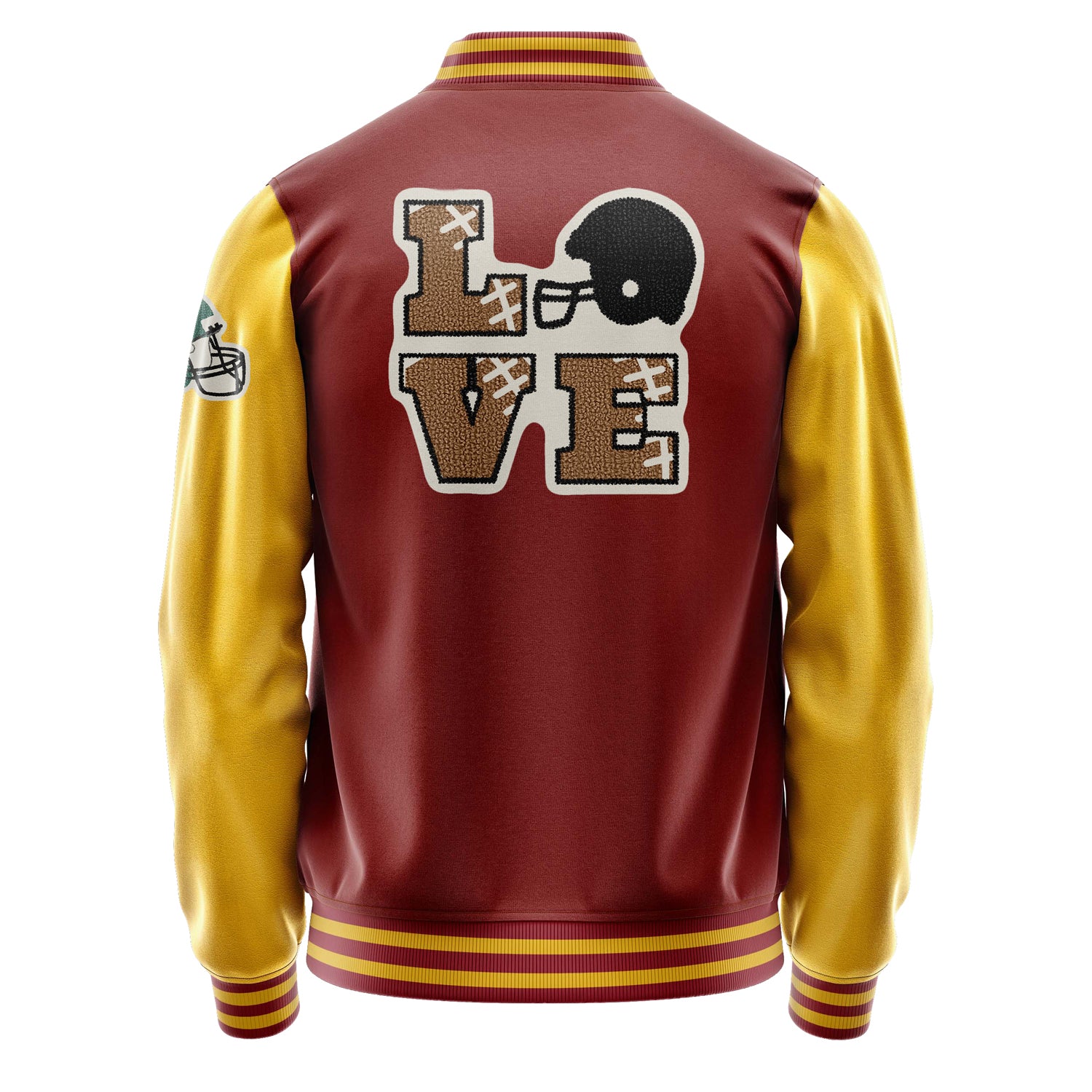 Custom Dark Red Varsity Jacket Patches Egg Yellow Leather Sleeves - Footballl logo