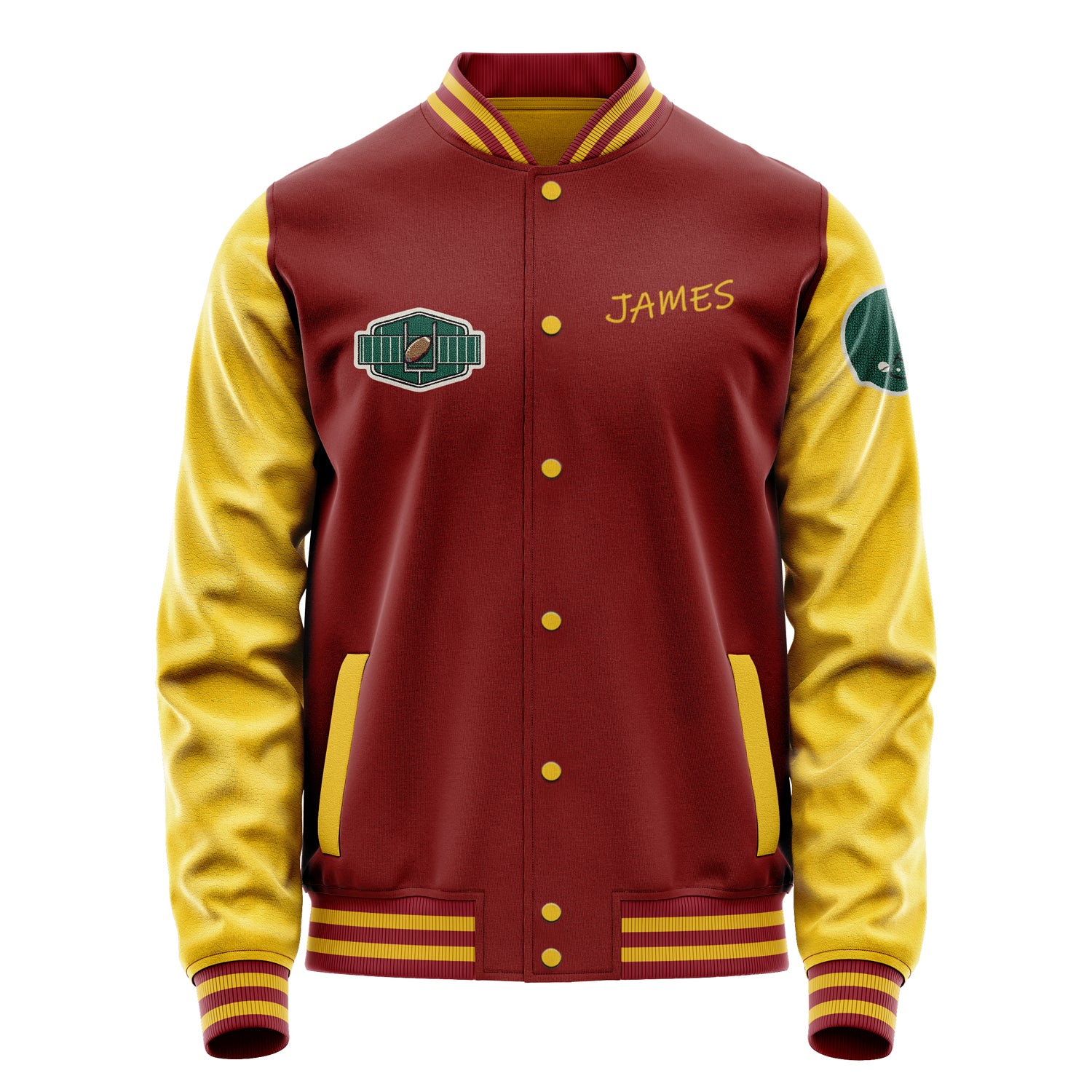 Custom Dark Red Varsity Jacket Patches Egg Yellow Leather Sleeves - Footballl logo