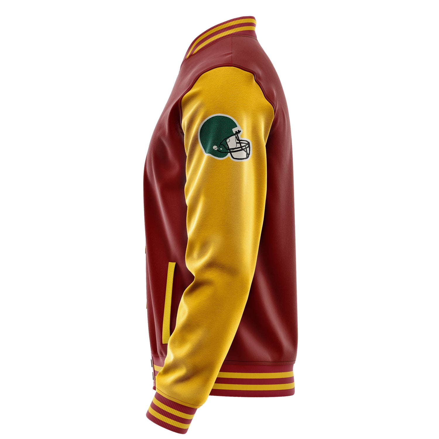 Custom Dark Red Varsity Jacket Patches Egg Yellow Leather Sleeves - Footballl logo