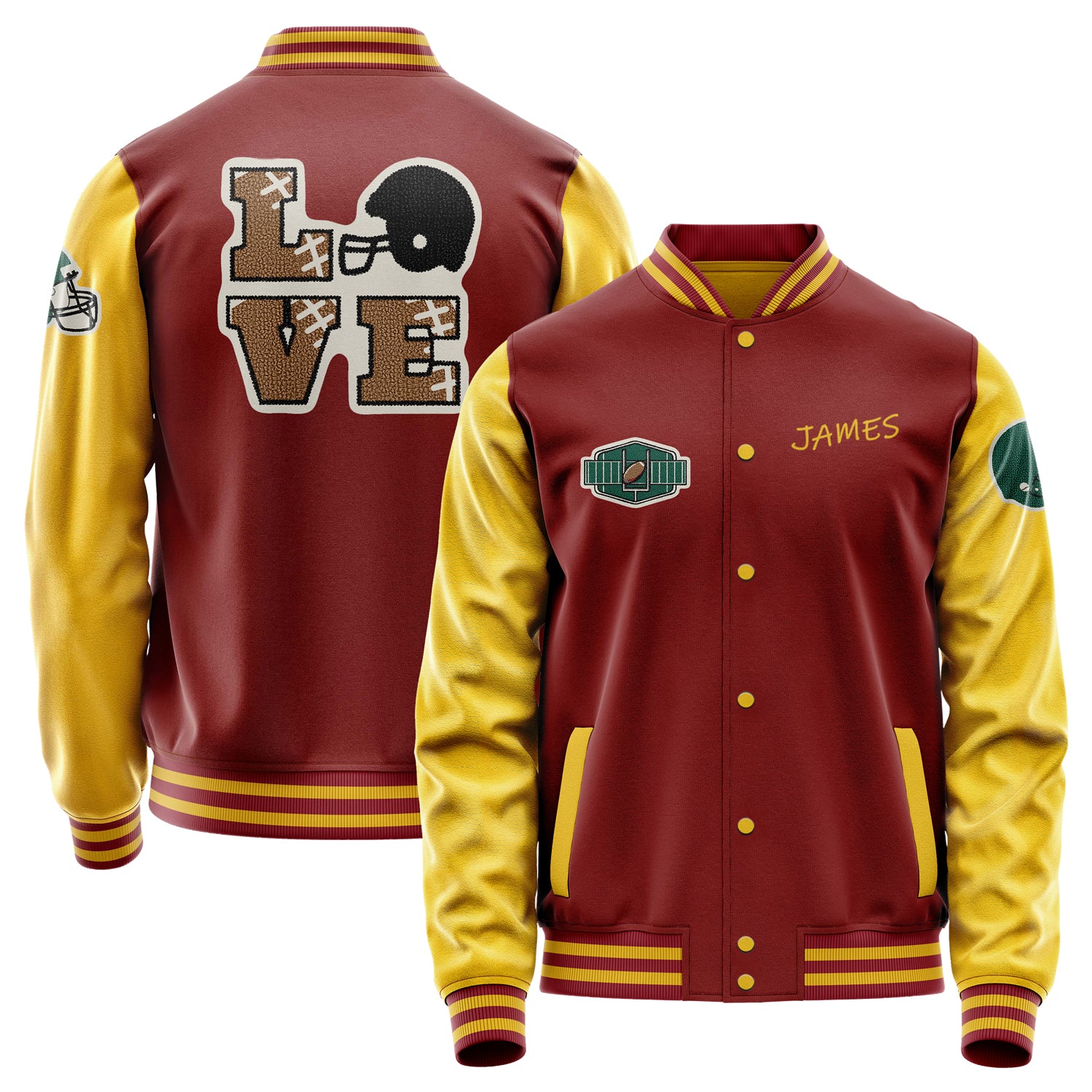 Custom Dark Red Varsity Jacket Patches Egg Yellow Leather Sleeves - Footballl logo