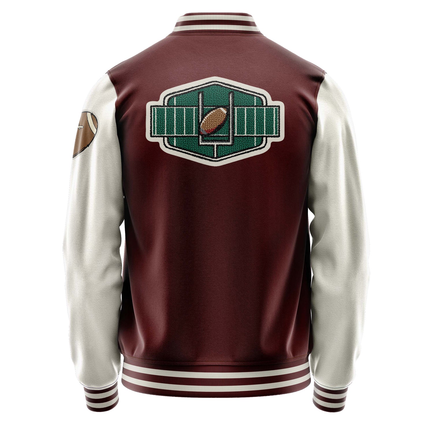 Custom Wine Red Varsity Jacket Patches Beige Leather Sleeves - Green football helmet