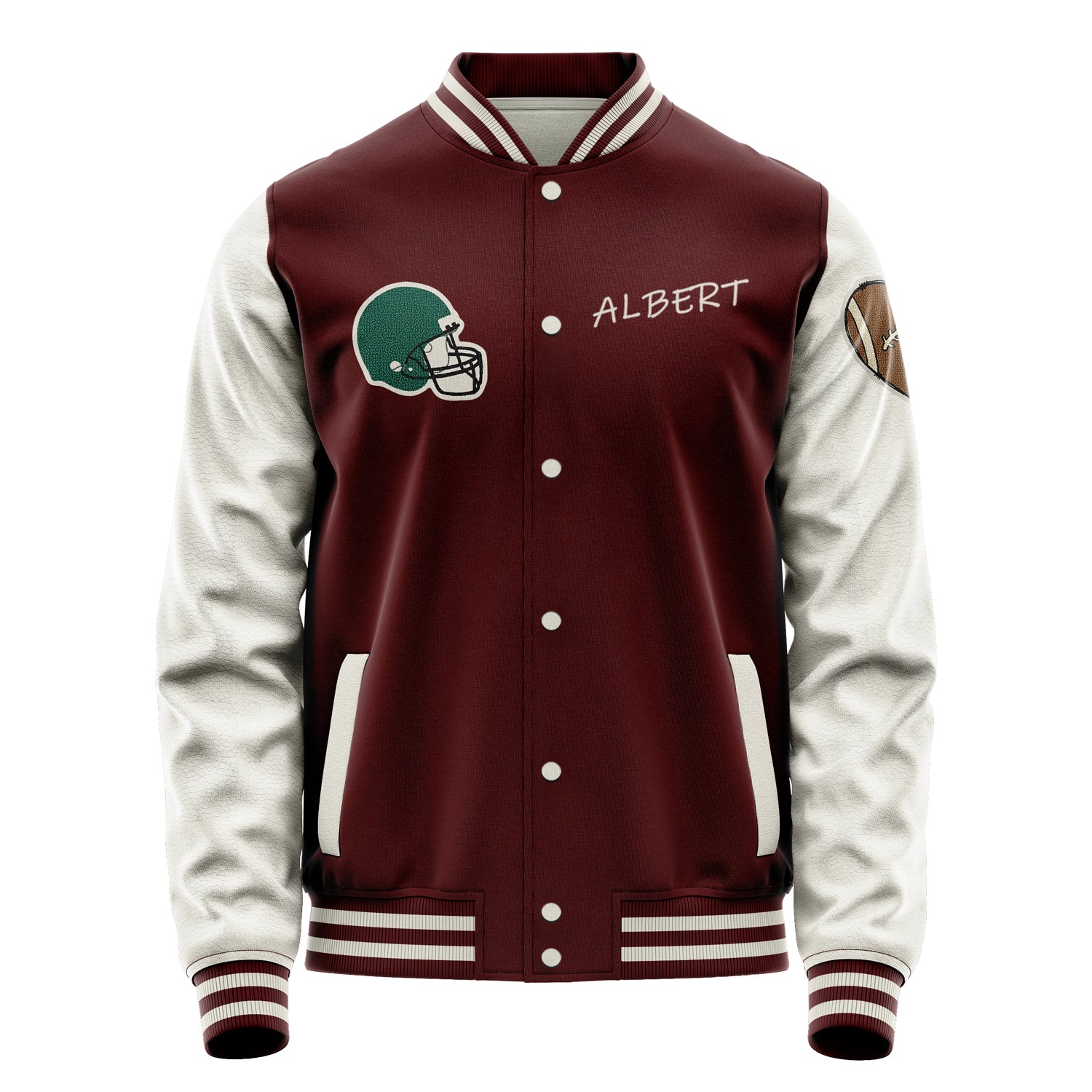 Custom Wine Red Varsity Jacket Patches Beige Leather Sleeves - Green football helmet