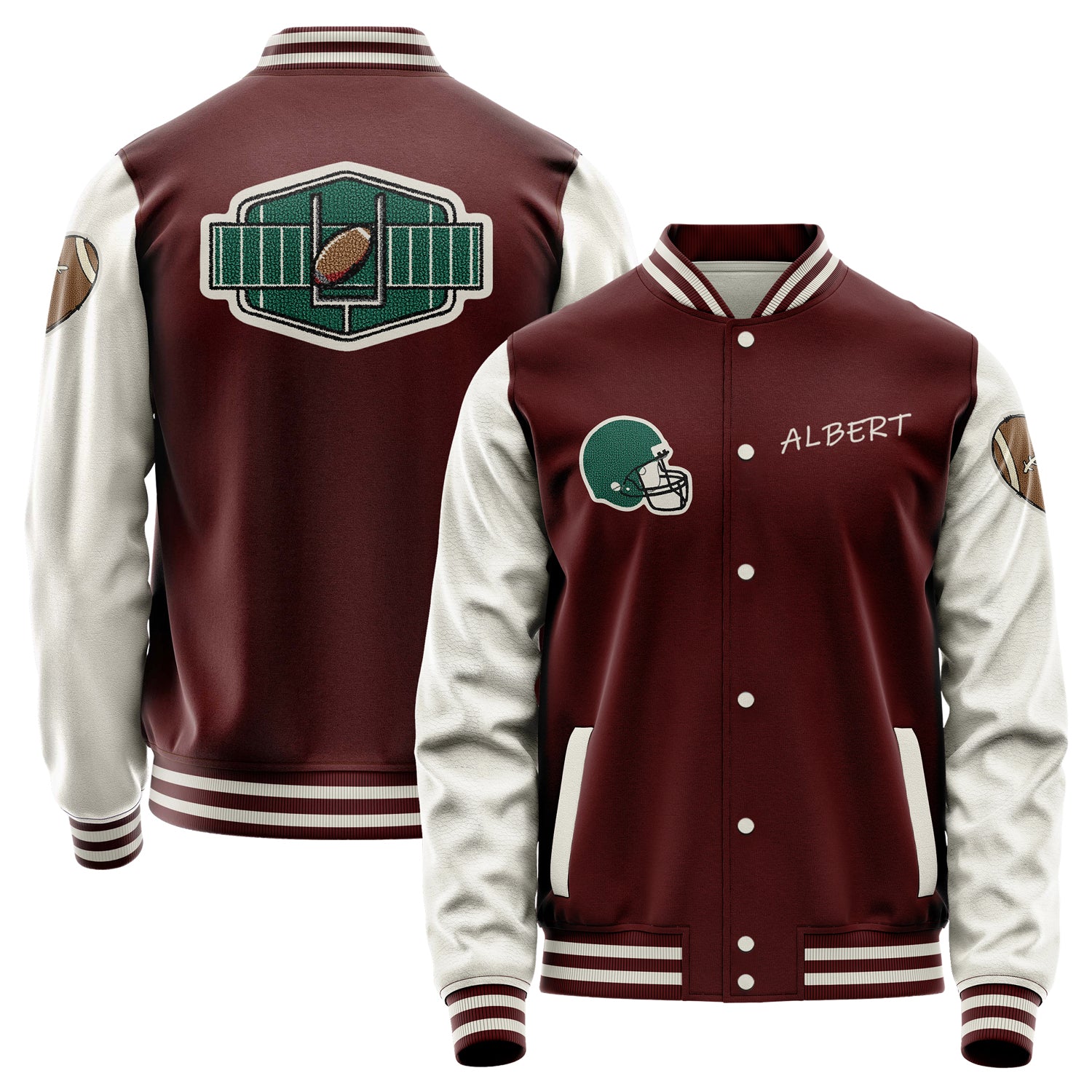 Custom Wine Red Varsity Jacket Patches Beige Leather Sleeves - Green football helmet