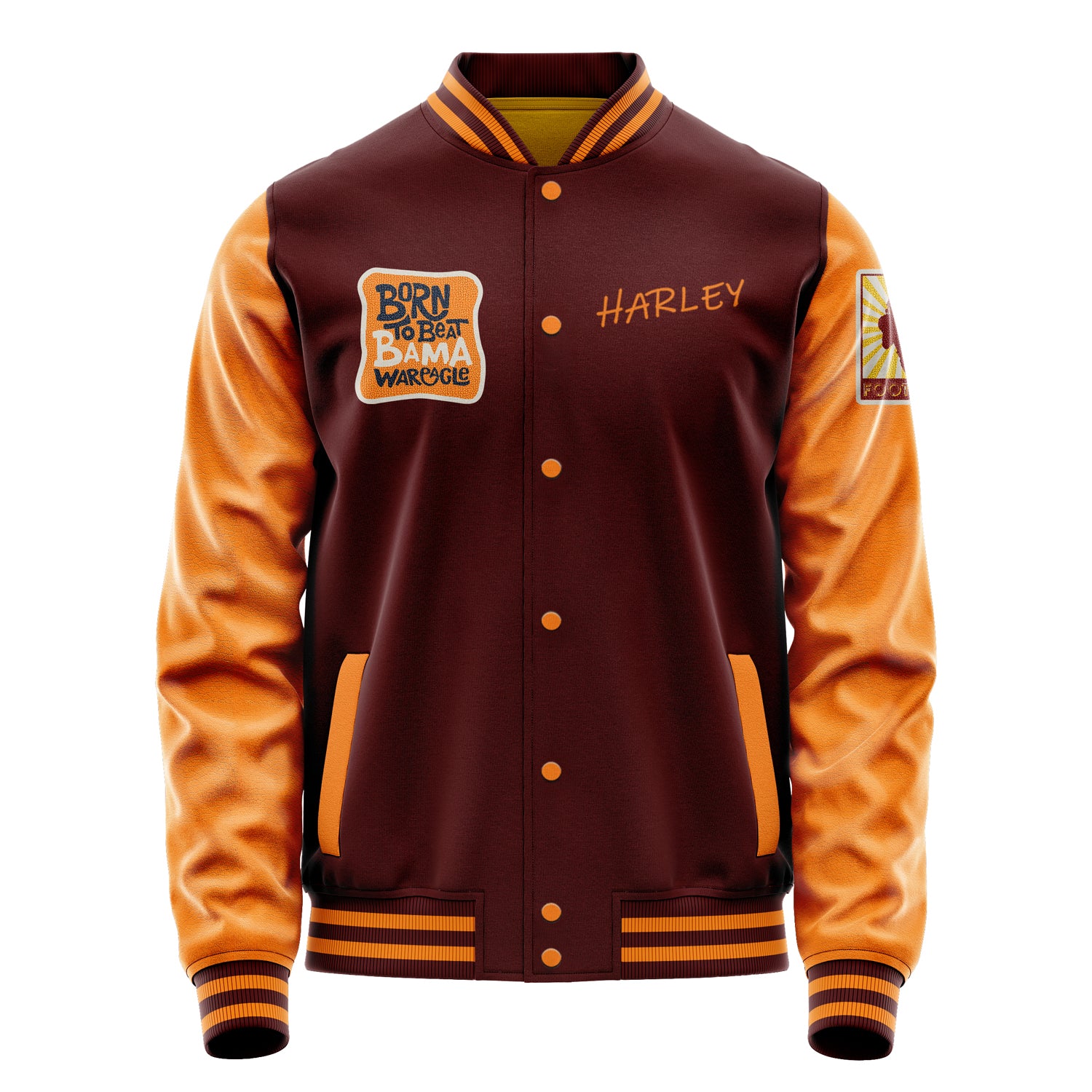 Custom Wine Red Varsity Jacket Patches Orange Leather Sleeves - Badge