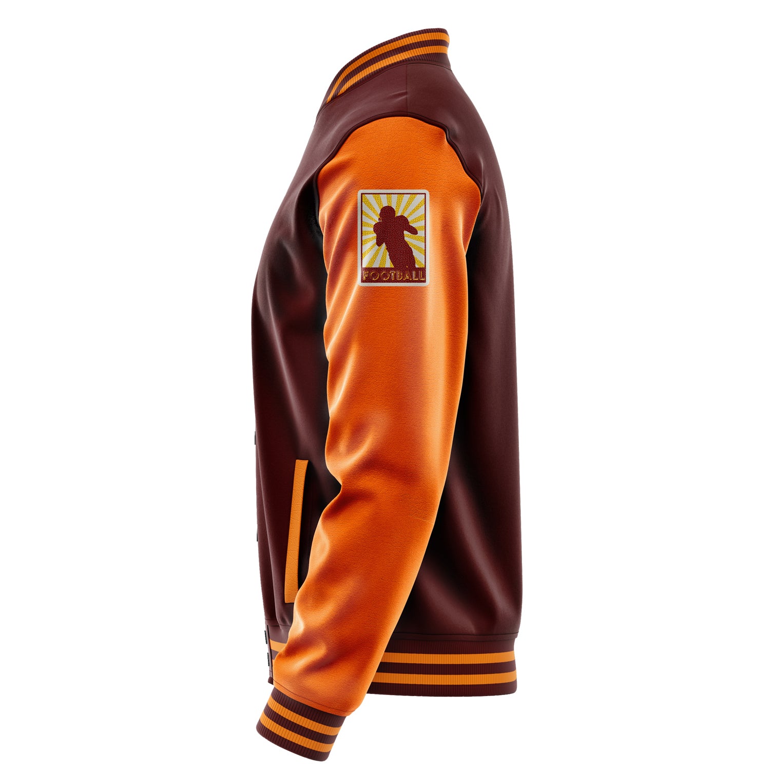 Custom Wine Red Varsity Jacket Patches Orange Leather Sleeves - Badge