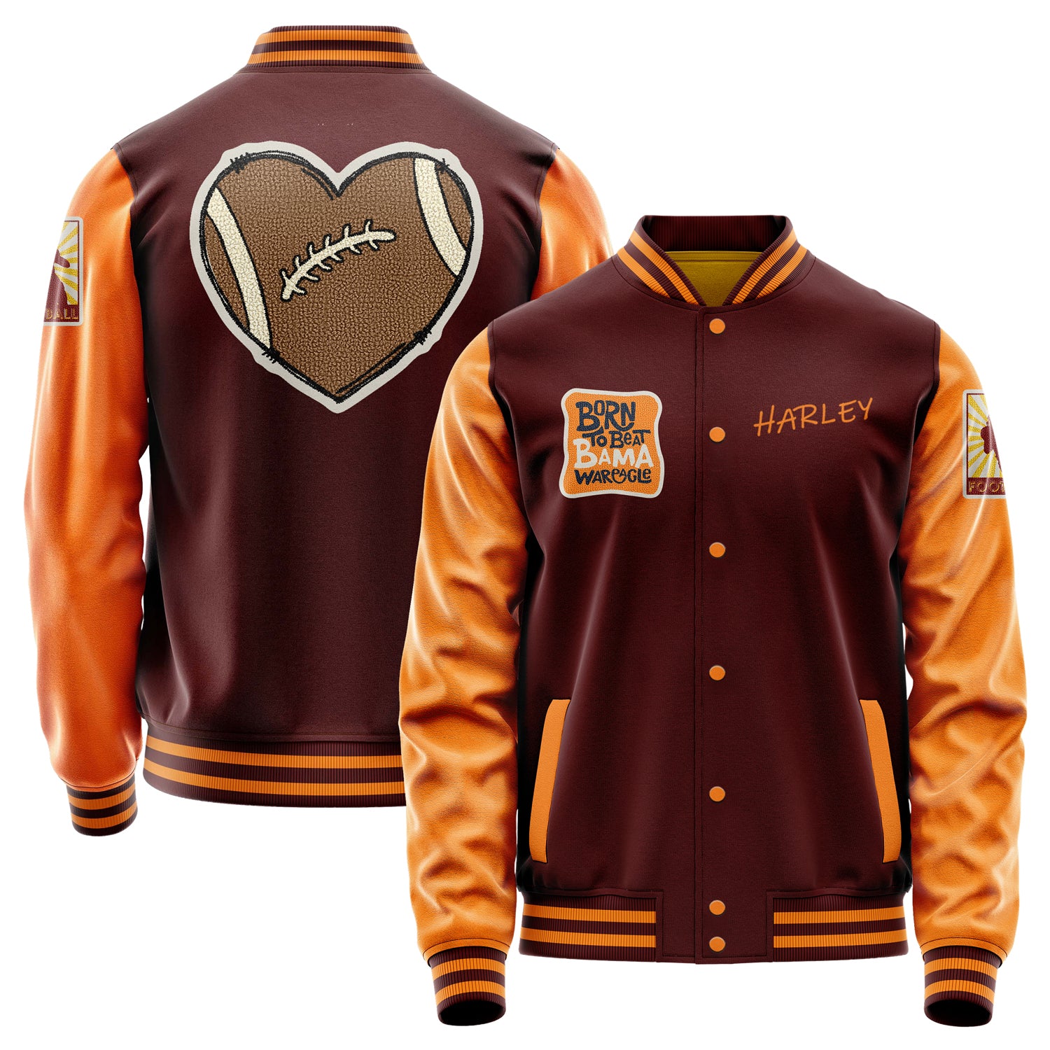 Custom Wine Red Varsity Jacket Patches Orange Leather Sleeves - Badge