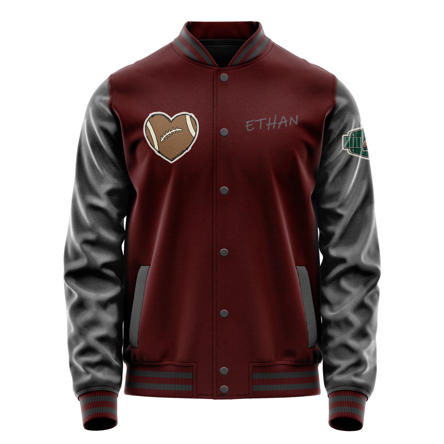 Custom Wine Red Varsity Jacket Patches Dark Gray Leather Sleeves - Badge