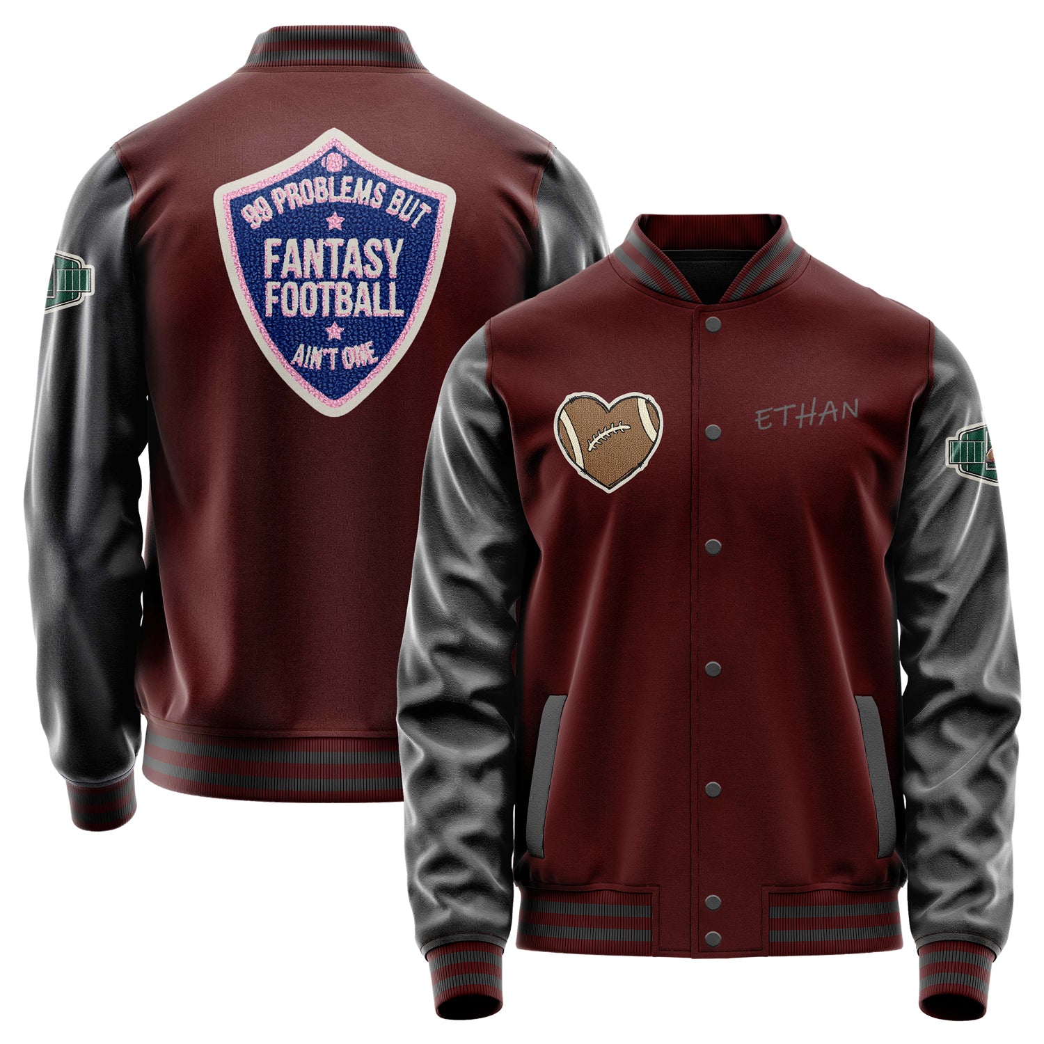 Custom Wine Red Varsity Jacket Patches Dark Gray Leather Sleeves - Badge