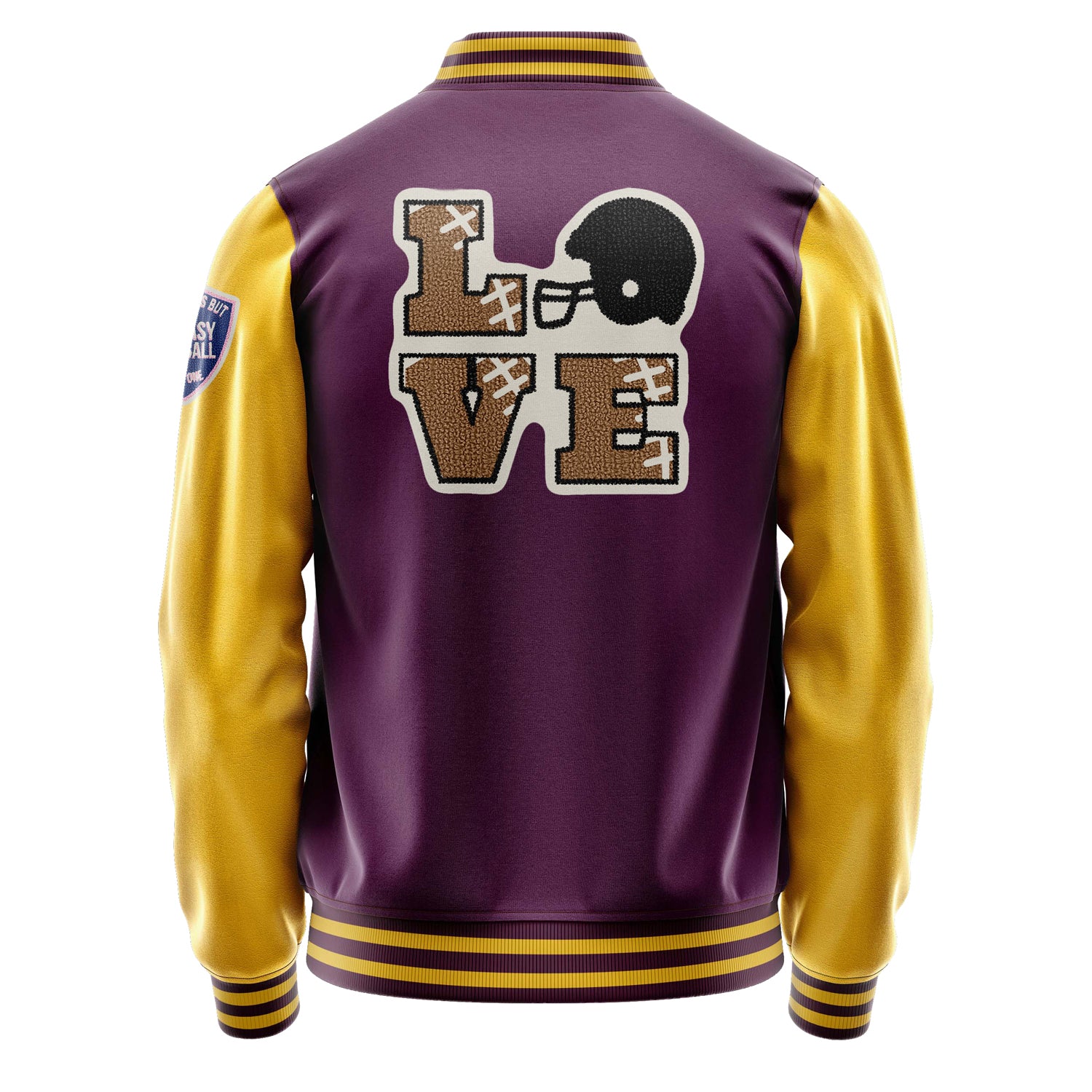 Custom Purple Varsity Jacket Patches Egg Yellow Leather Sleeves - Love Footballl