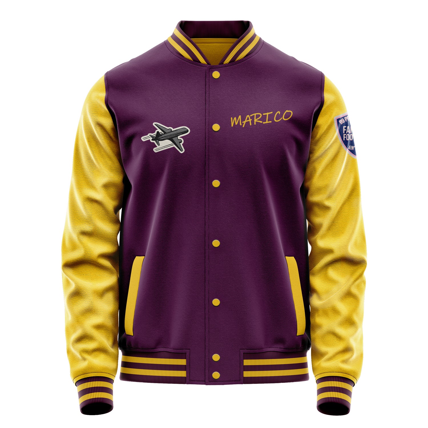 Custom Purple Varsity Jacket Patches Egg Yellow Leather Sleeves - Love Footballl