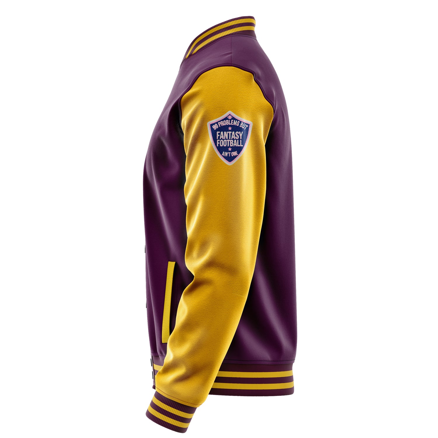 Custom Purple Varsity Jacket Patches Egg Yellow Leather Sleeves - Love Footballl