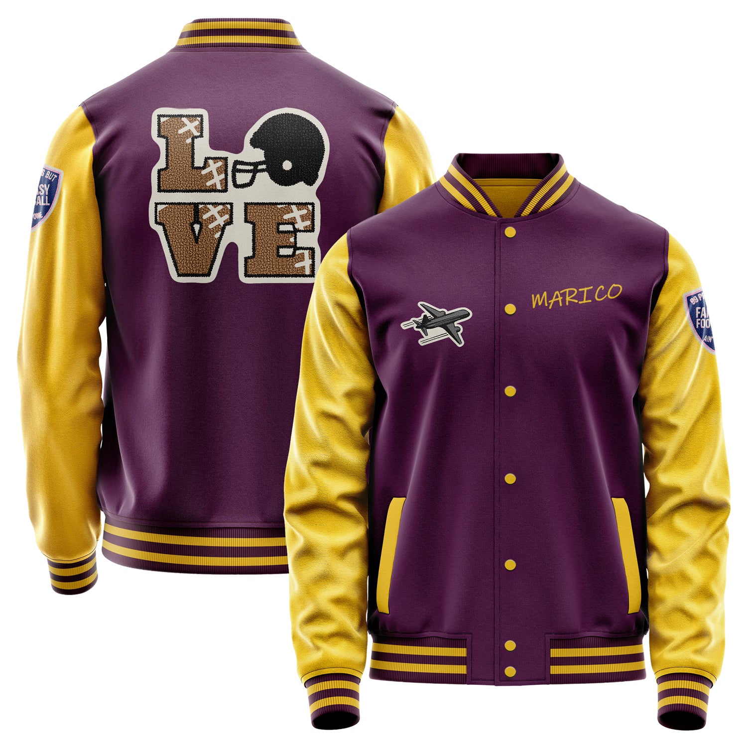 Custom Purple Varsity Jacket Patches Egg Yellow Leather Sleeves - Love Footballl