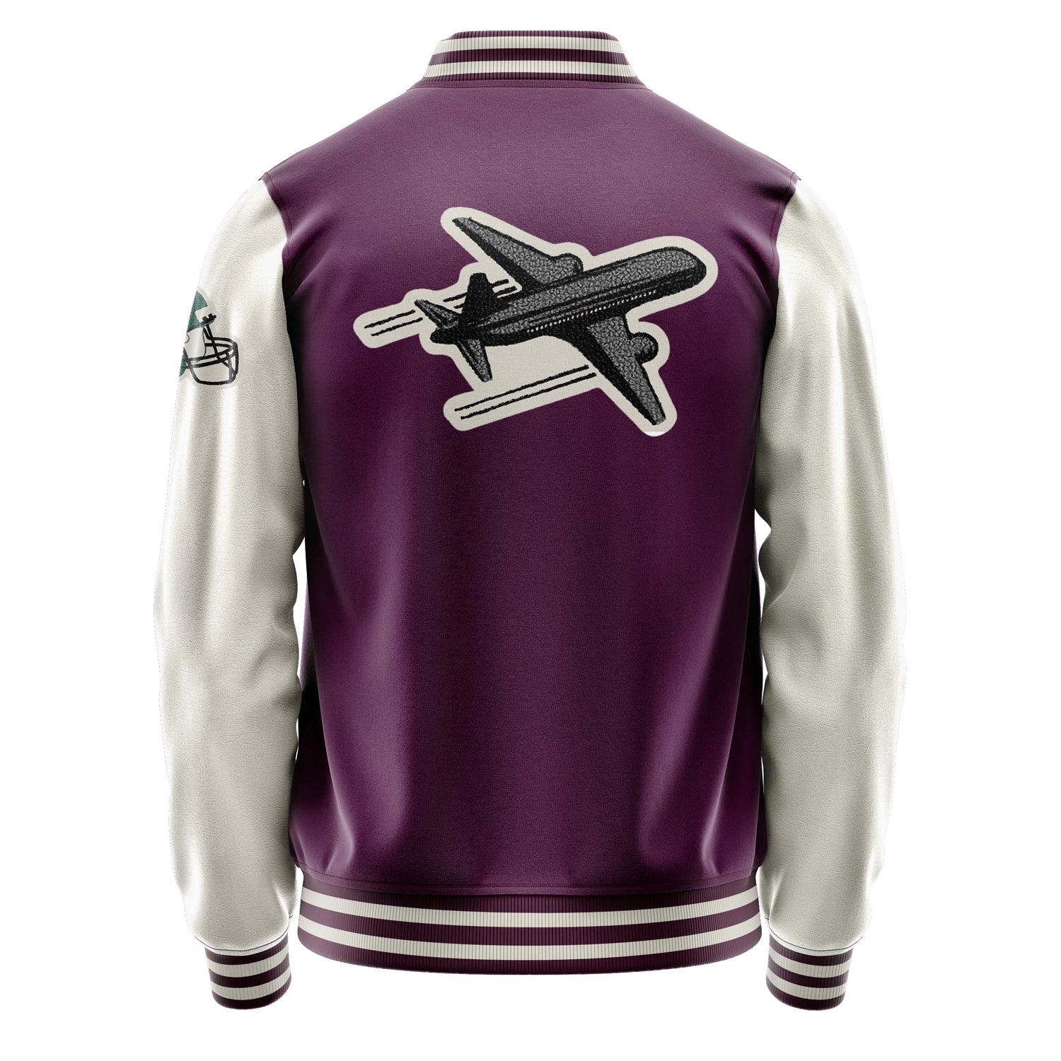 Custom Purple Varsity Jacket Patches Beige Leather Sleeves - Green football helmet