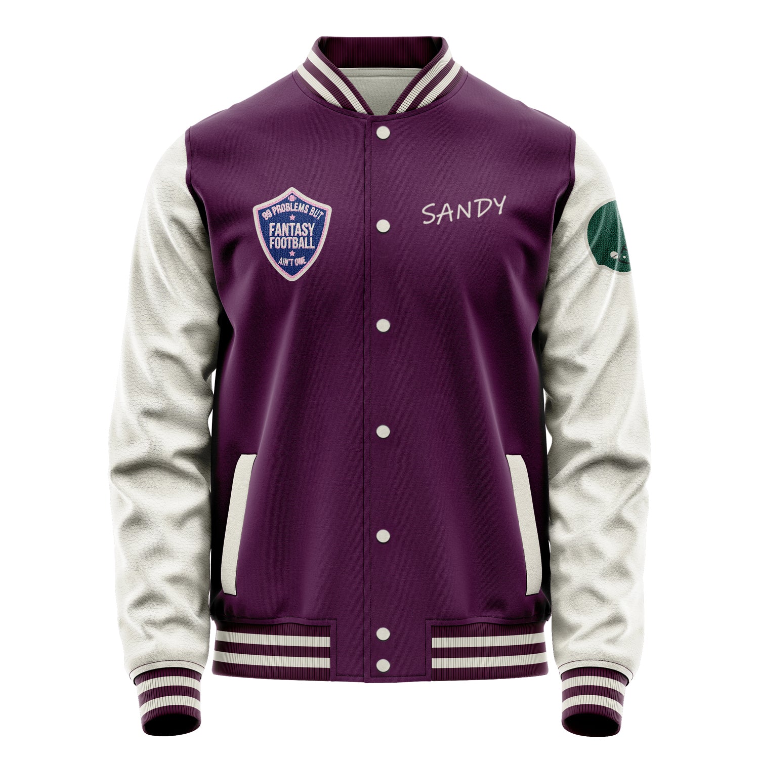 Custom Purple Varsity Jacket Patches Beige Leather Sleeves - Green football helmet