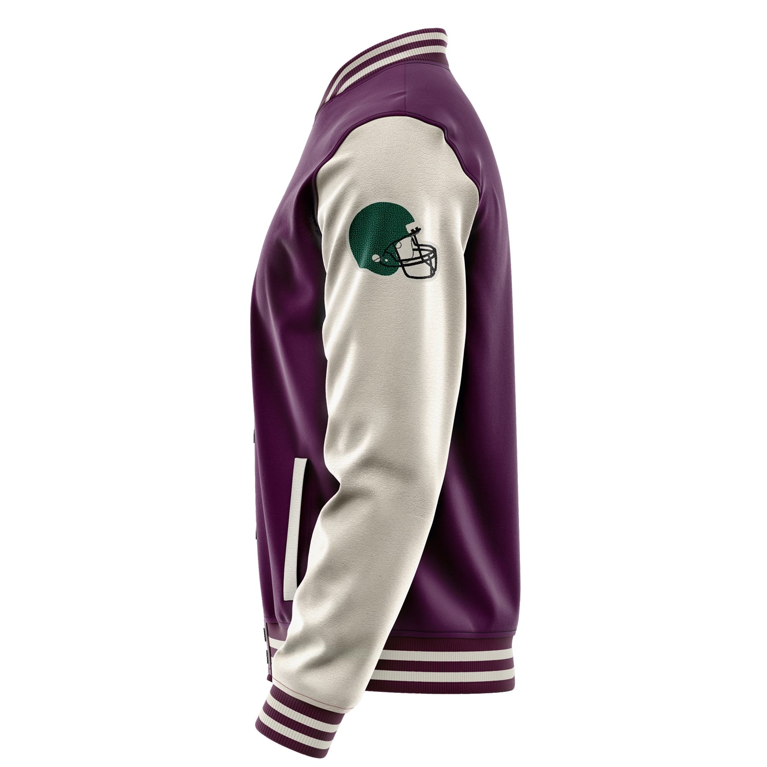 Custom Purple Varsity Jacket Patches Beige Leather Sleeves - Green football helmet