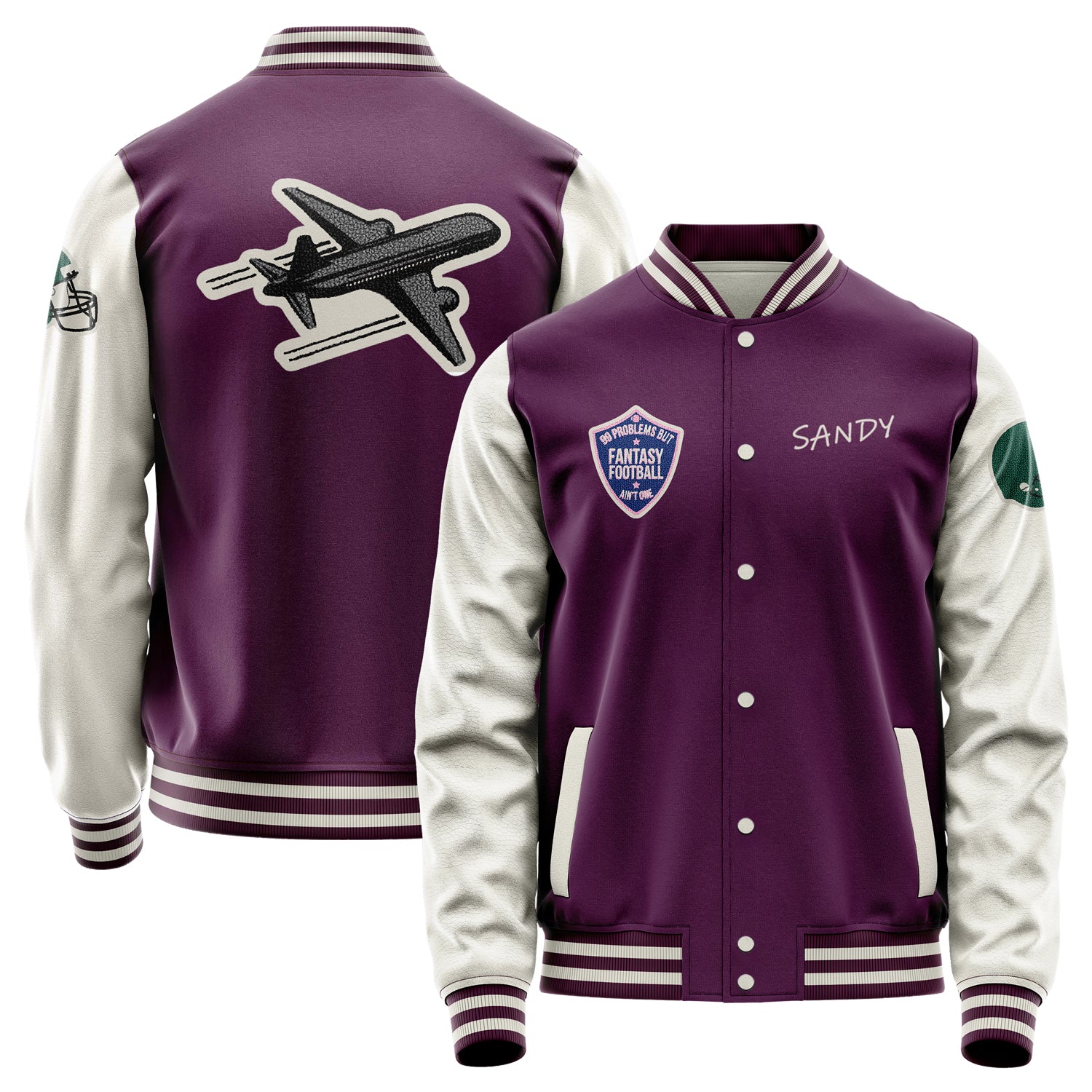 Custom Purple Varsity Jacket Patches Beige Leather Sleeves - Green football helmet