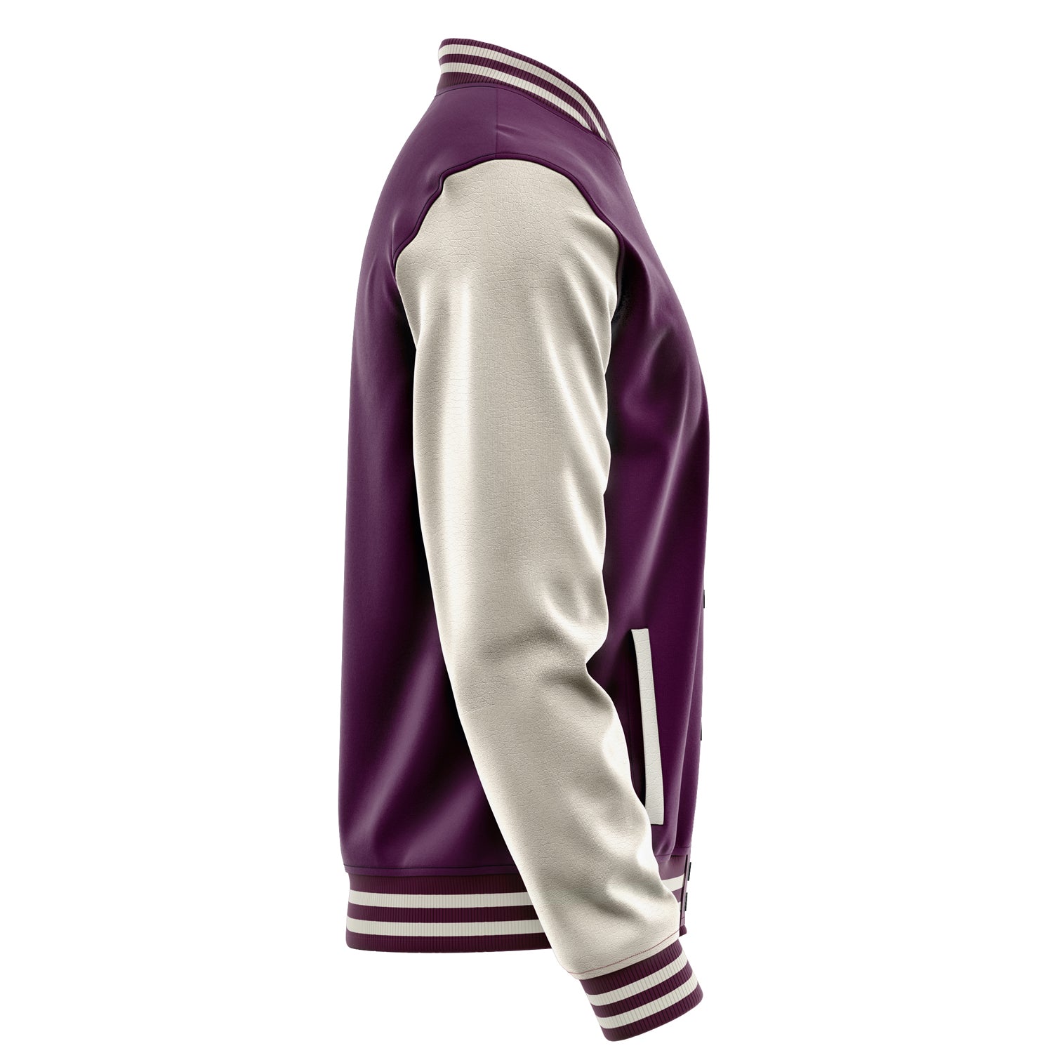 Custom Purple Varsity Jacket Patches Beige Leather Sleeves - Green football helmet