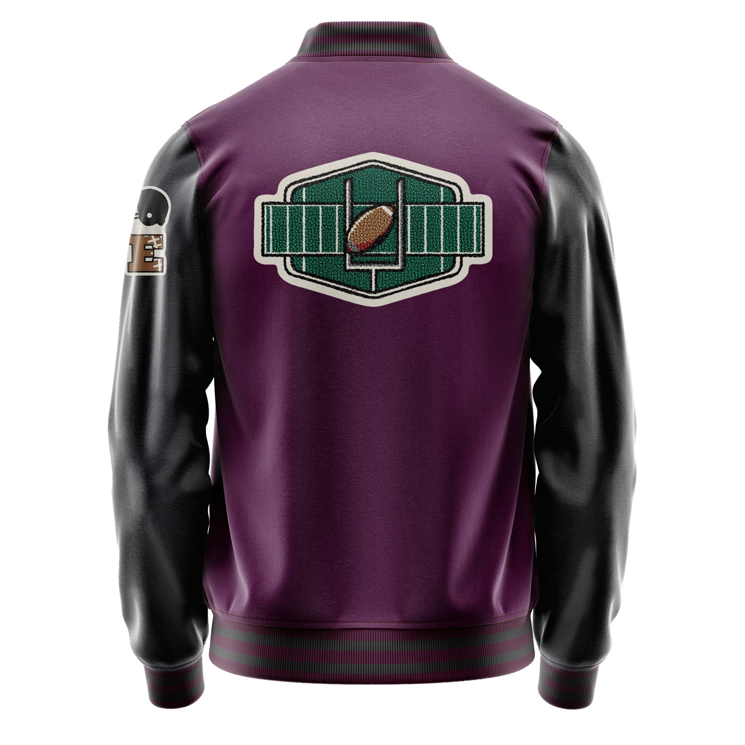 Custom Purple Varsity Jacket Patches Dark Gray Leather Sleeves - Green football helmet