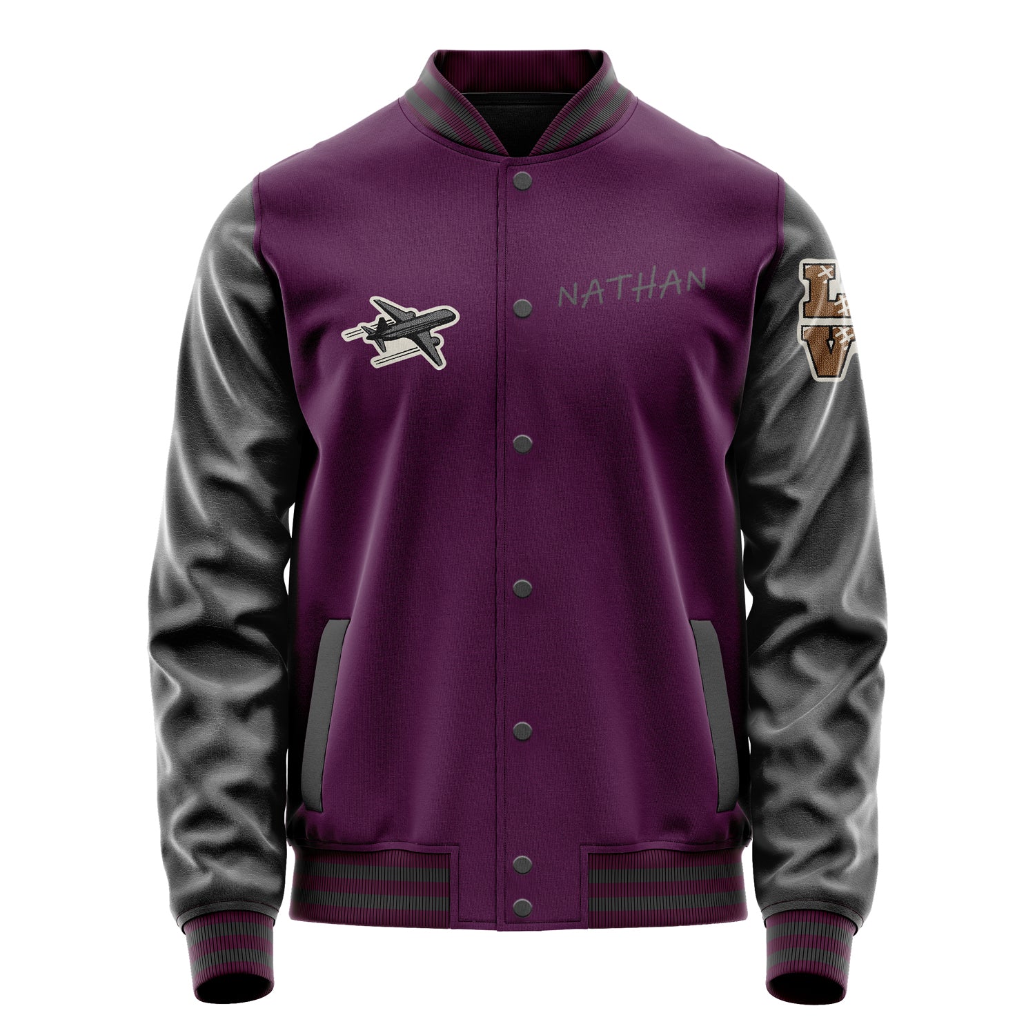 Custom Purple Varsity Jacket Patches Dark Gray Leather Sleeves - Green football helmet