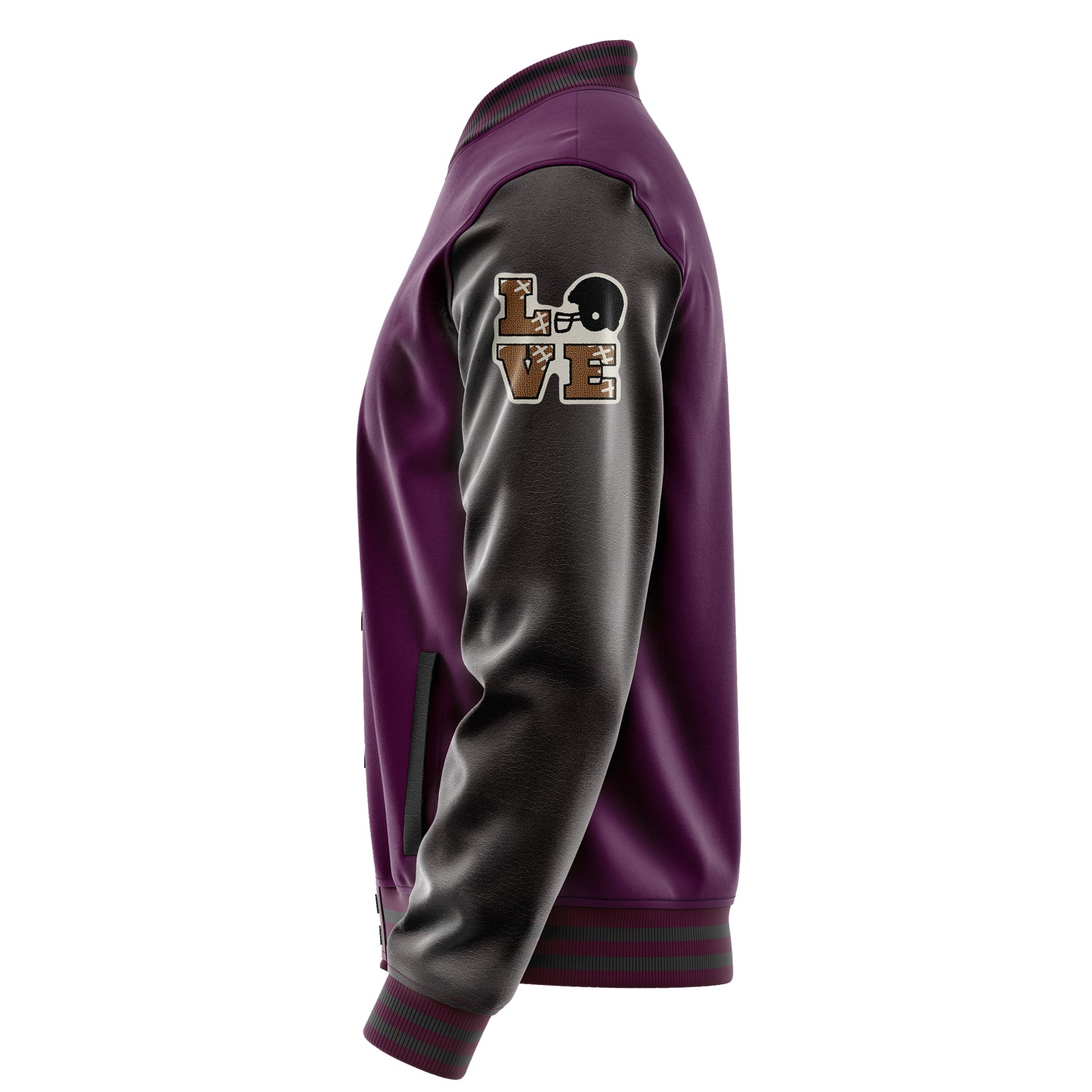 Custom Purple Varsity Jacket Patches Dark Gray Leather Sleeves - Green football helmet