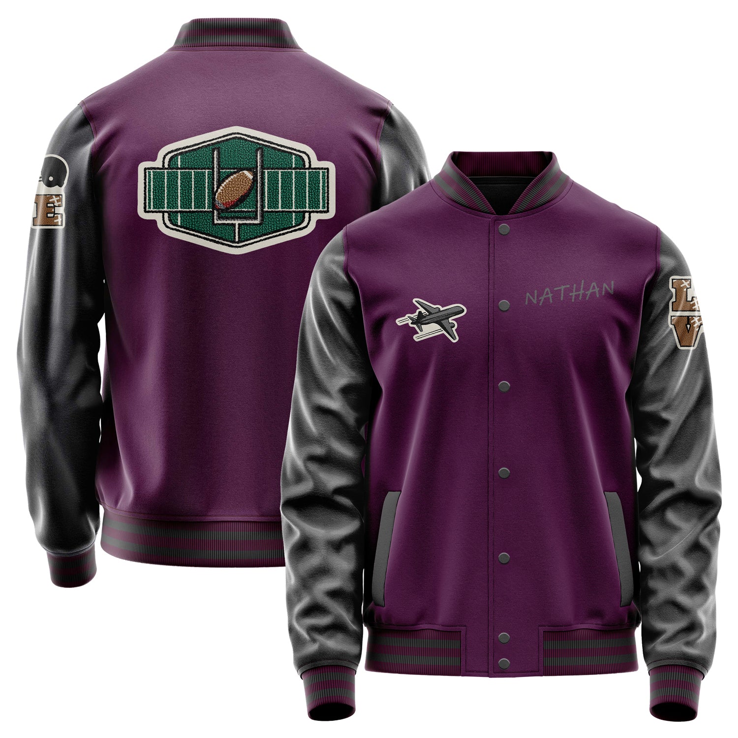 Custom Purple Varsity Jacket Patches Dark Gray Leather Sleeves - Green football helmet