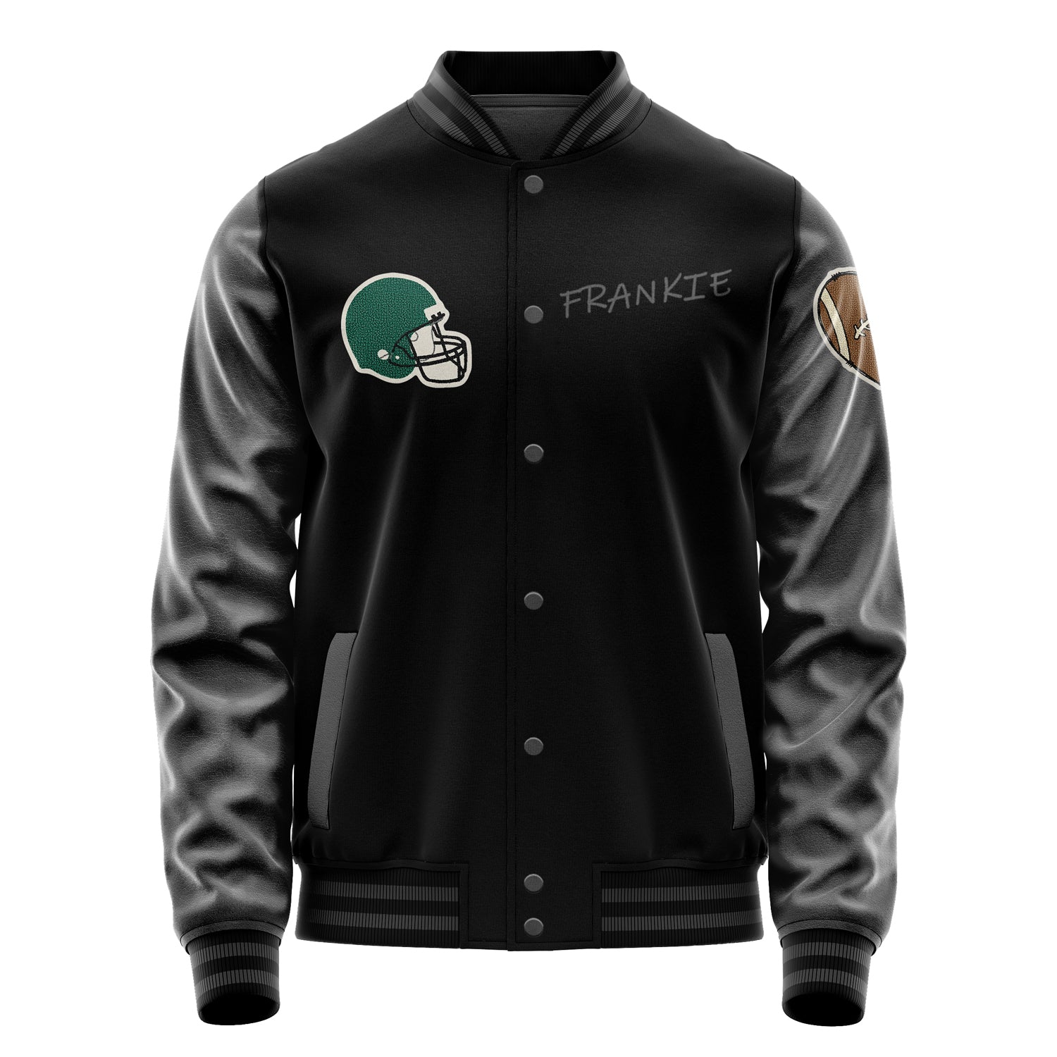 Custom Black Varsity Jacket Patches Dark Gray Leather Sleeves - Green football helmet