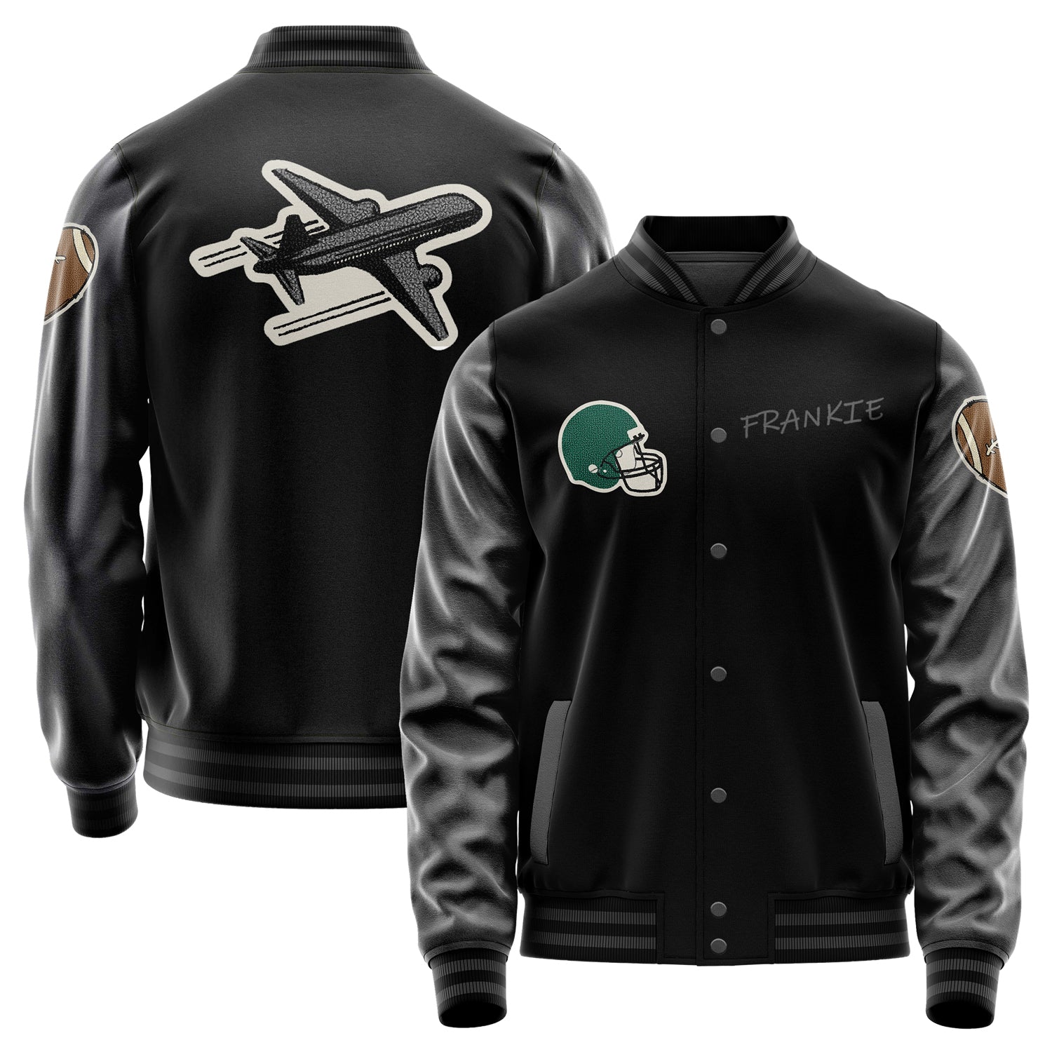 Custom Black Varsity Jacket Patches Dark Gray Leather Sleeves - Green football helmet