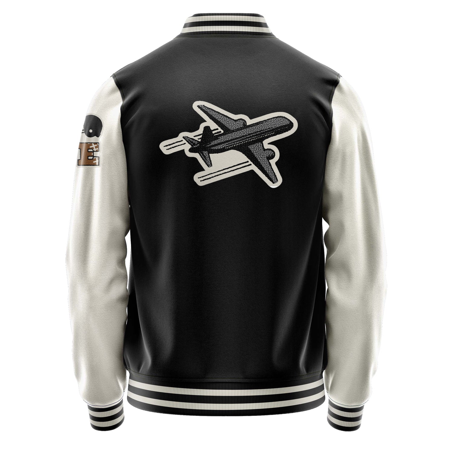 Custom Black Varsity Jacket Patches Beige Leather Sleeves - Love Footballl