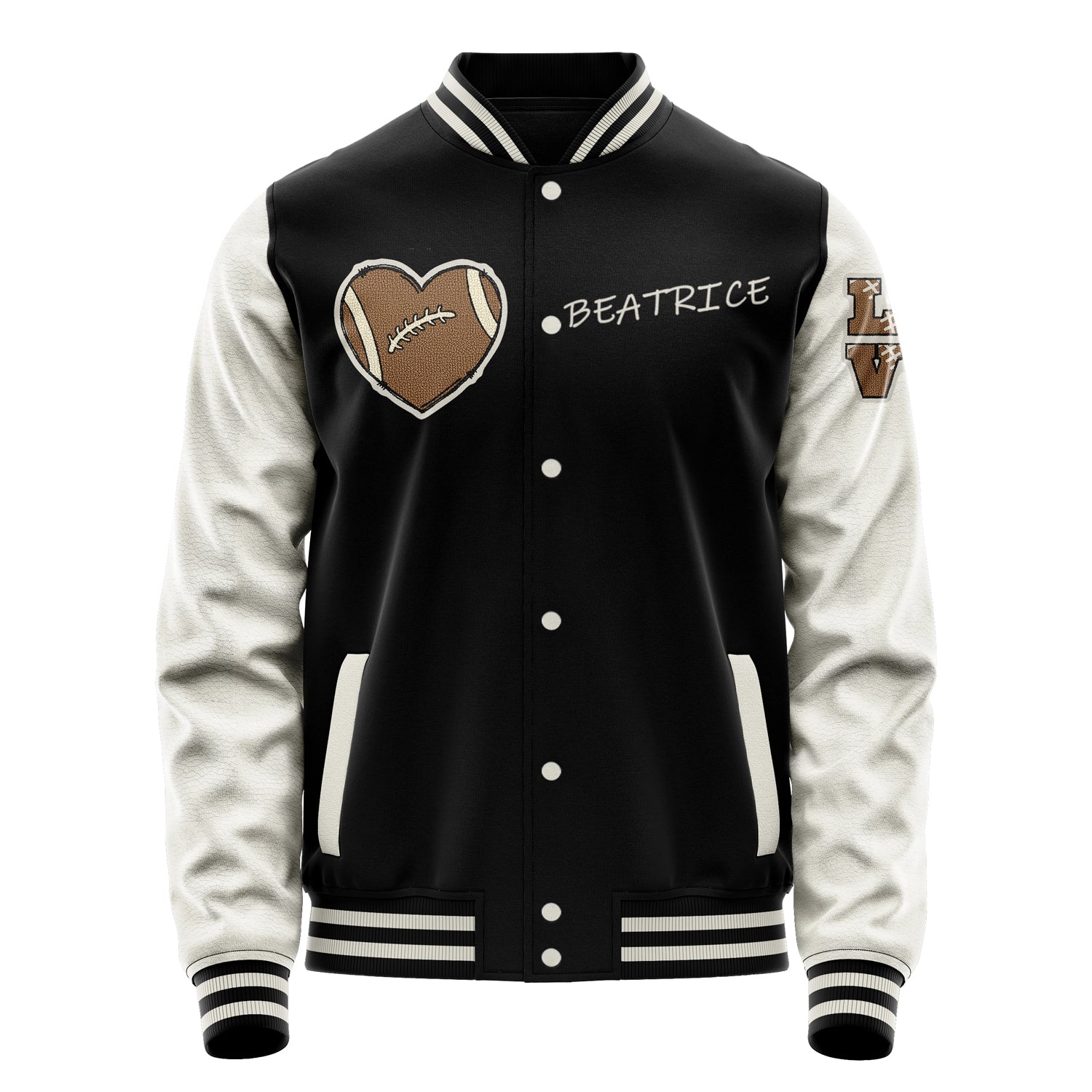 Custom Black Varsity Jacket Patches Beige Leather Sleeves - Love Footballl