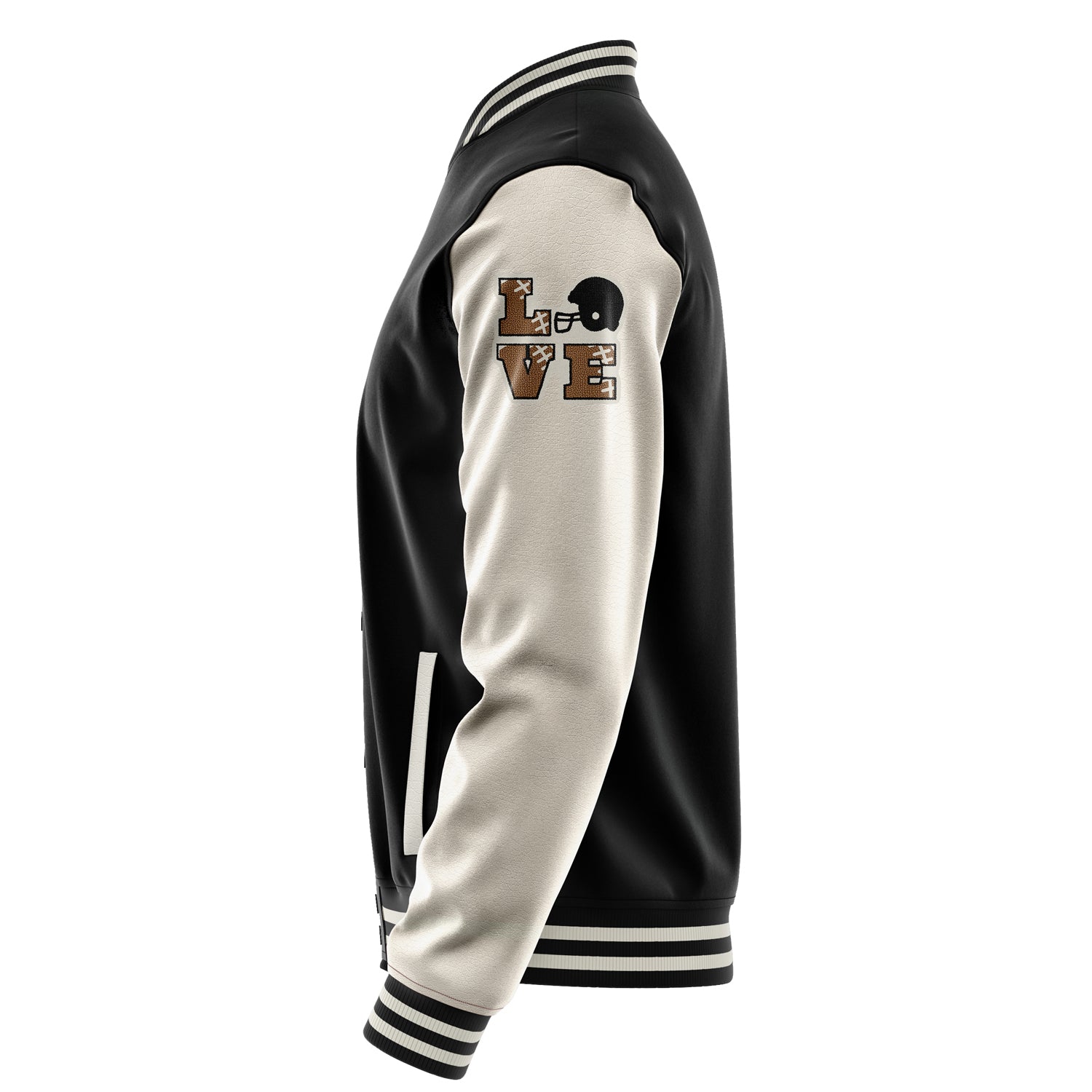 Custom Black Varsity Jacket Patches Beige Leather Sleeves - Love Footballl