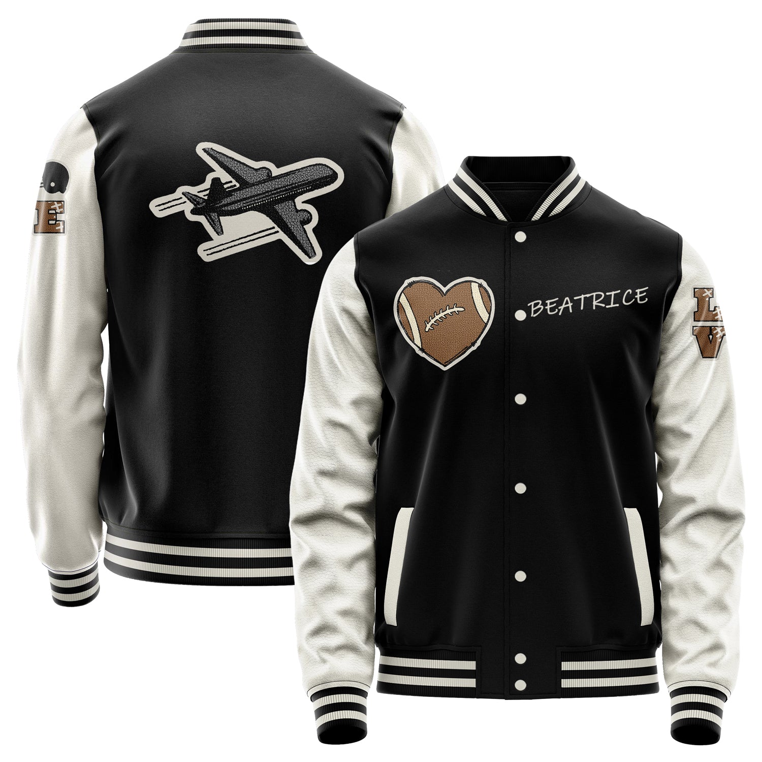 Custom Black Varsity Jacket Patches Beige Leather Sleeves - Love Footballl