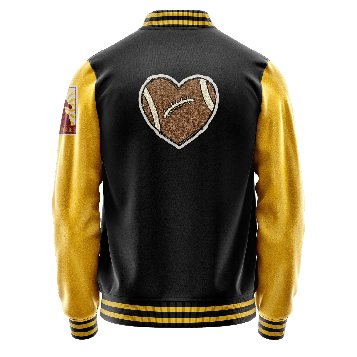 Custom Black Varsity Jacket Patches Egg Yellow Leather Sleeves - Football