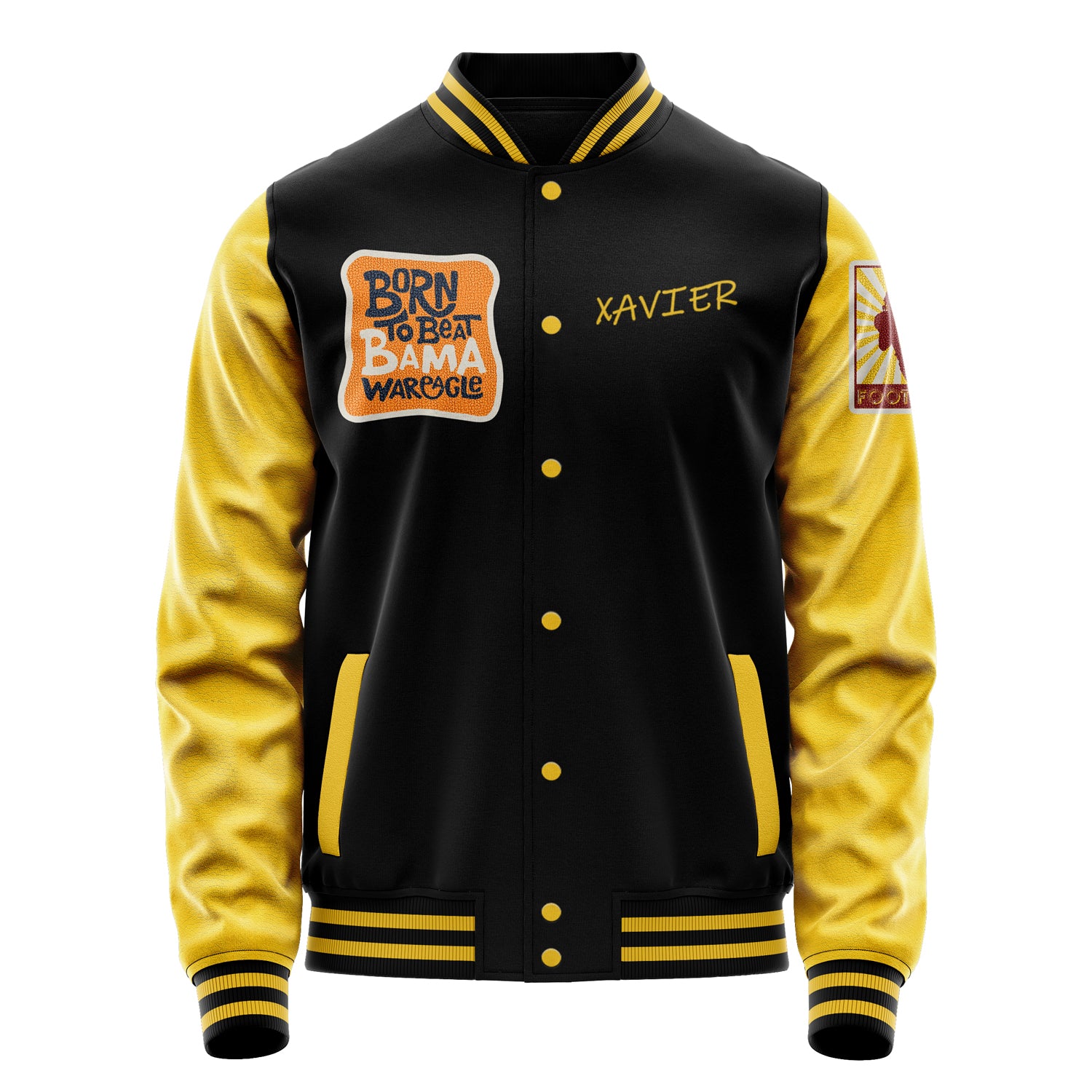 Custom Black Varsity Jacket Patches Egg Yellow Leather Sleeves - Football