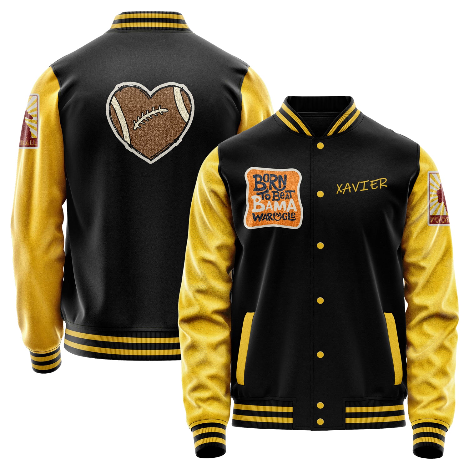 Custom Black Varsity Jacket Patches Egg Yellow Leather Sleeves - Football