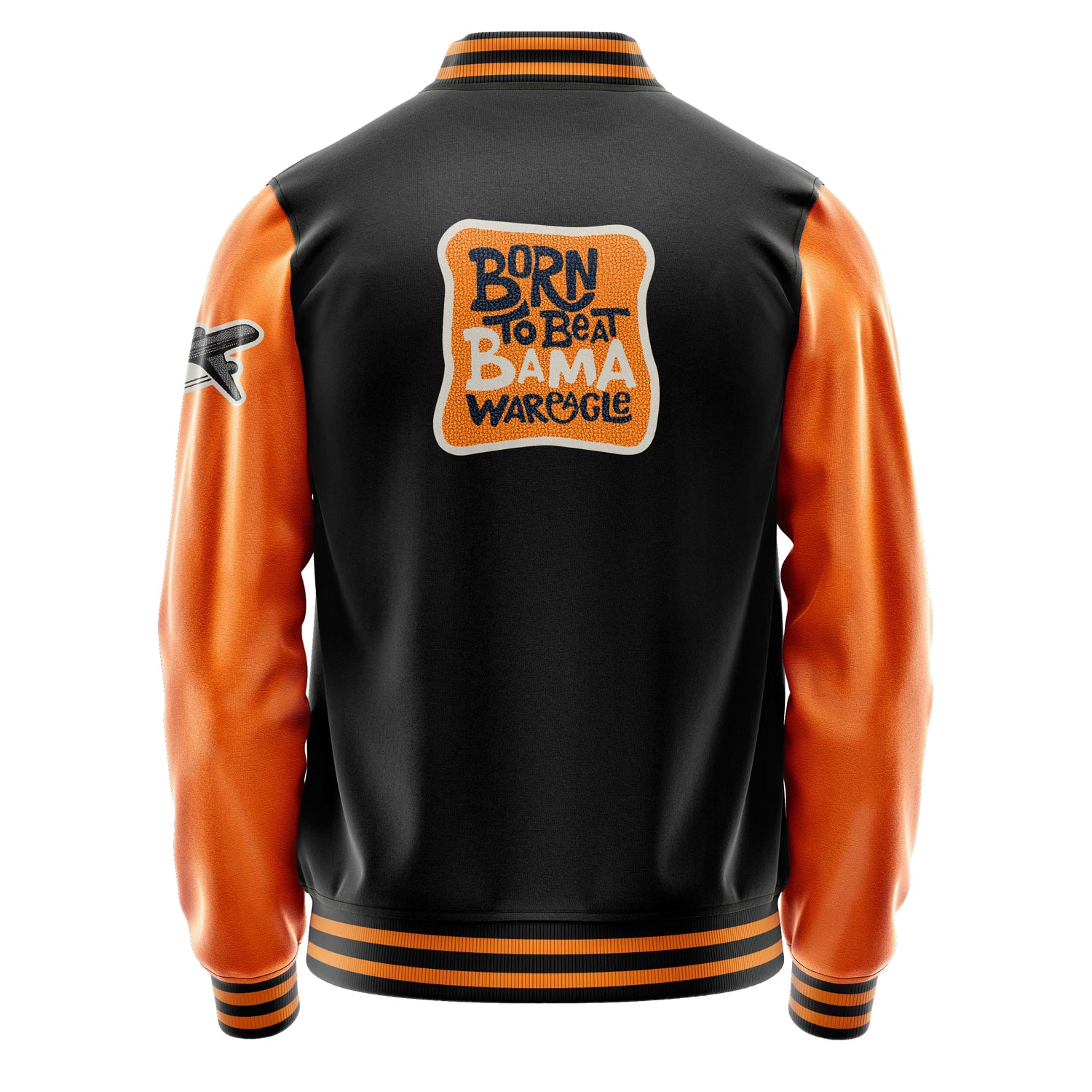 Custom Black Varsity Jacket Patches Orange Leather Sleeves - Plane