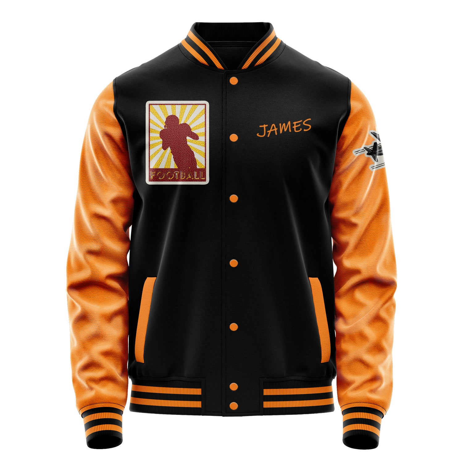 Custom Black Varsity Jacket Patches Orange Leather Sleeves - Plane