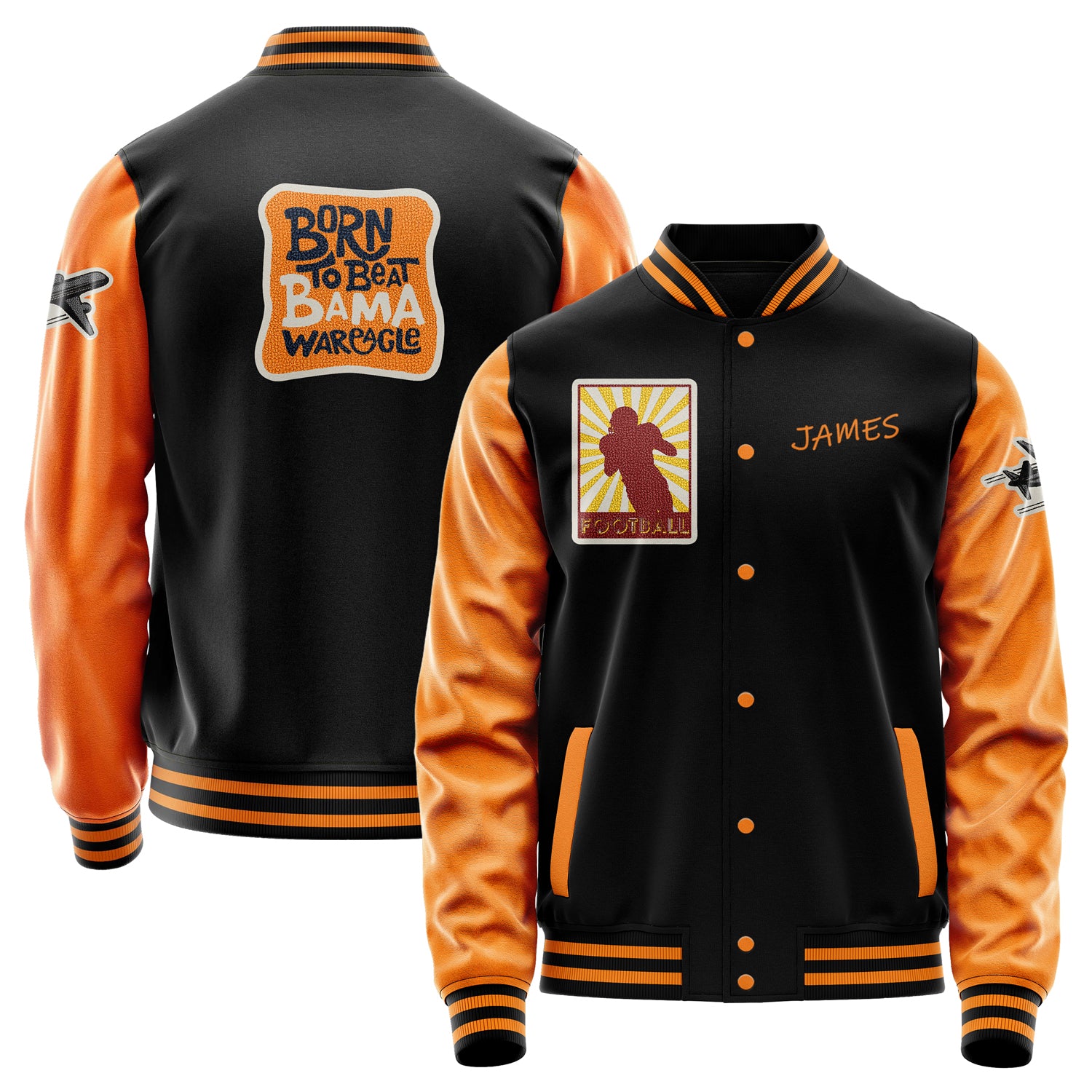 Custom Black Varsity Jacket Patches Orange Leather Sleeves - Plane