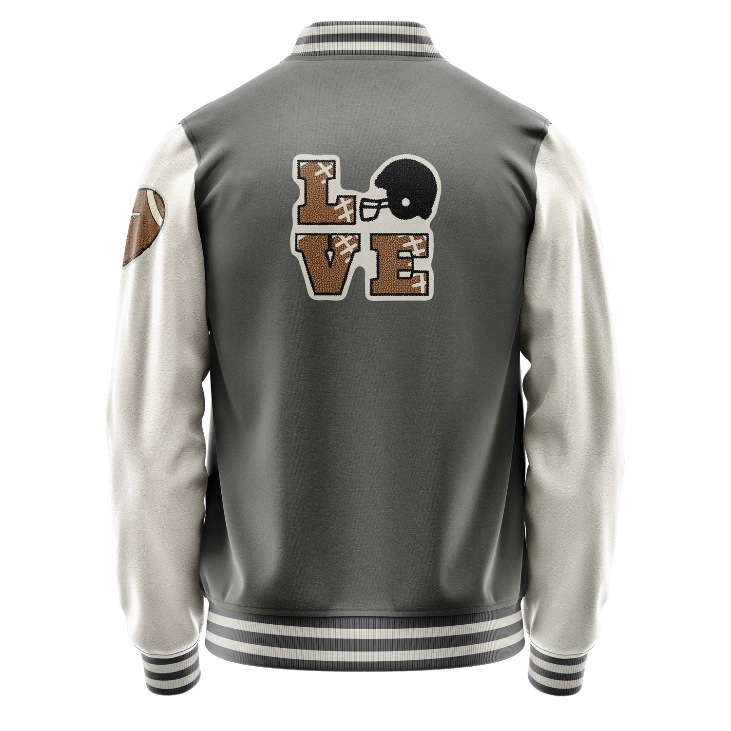 Custom Gray Varsity Jacket Patches Beige Leather Sleeves - Love Footballl