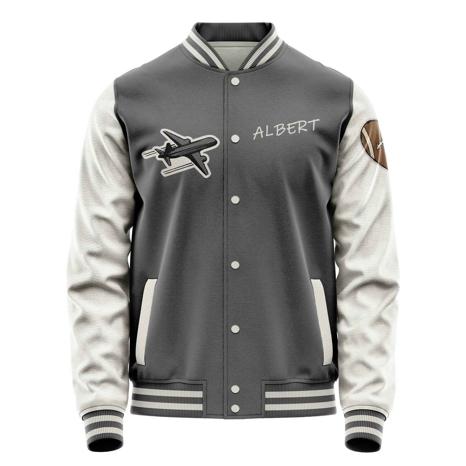 Custom Gray Varsity Jacket Patches Beige Leather Sleeves - Love Footballl