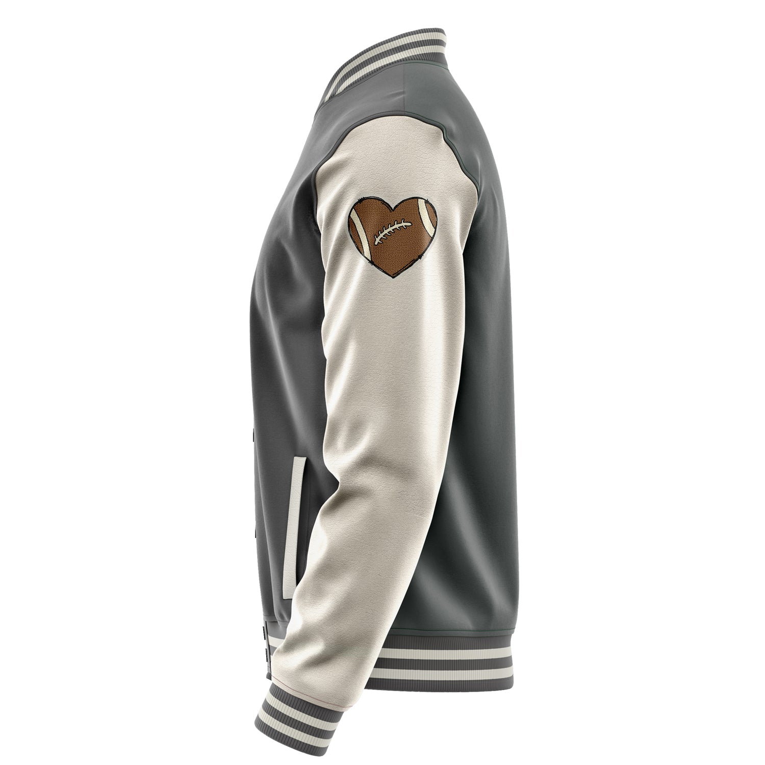 Custom Gray Varsity Jacket Patches Beige Leather Sleeves - Love Footballl