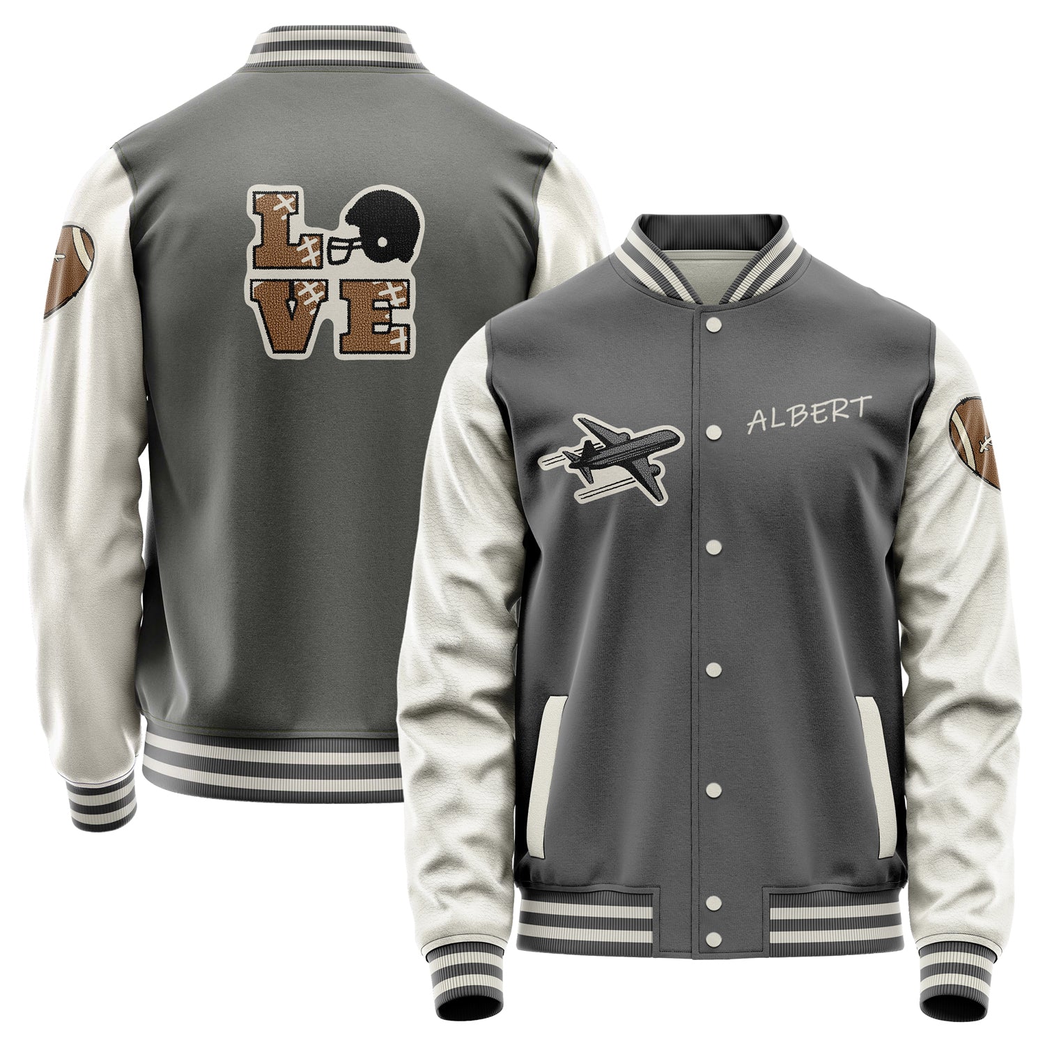 Custom Gray Varsity Jacket Patches Beige Leather Sleeves - Love Footballl