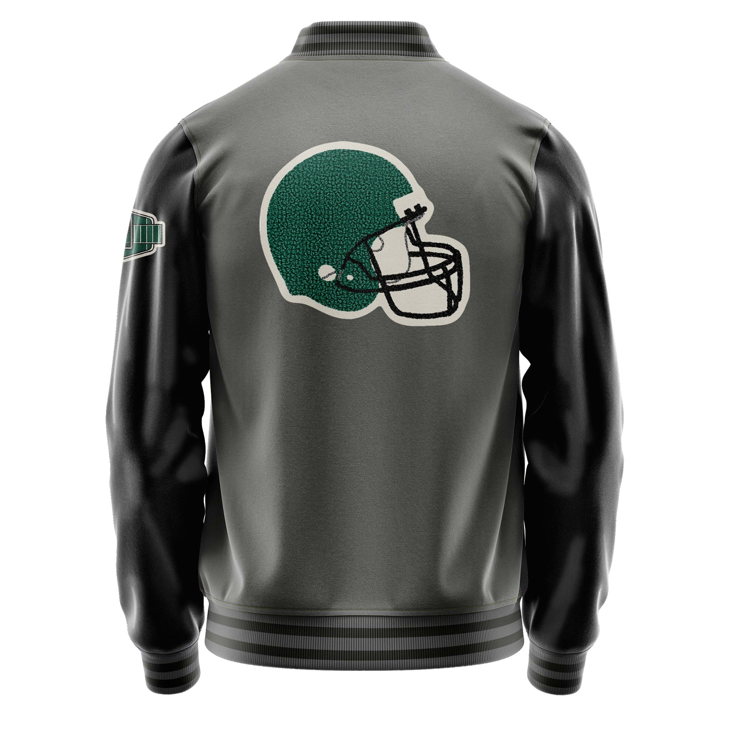 Custom Gray Varsity Jacket Patches Black Leather Sleeves - Green football helmet