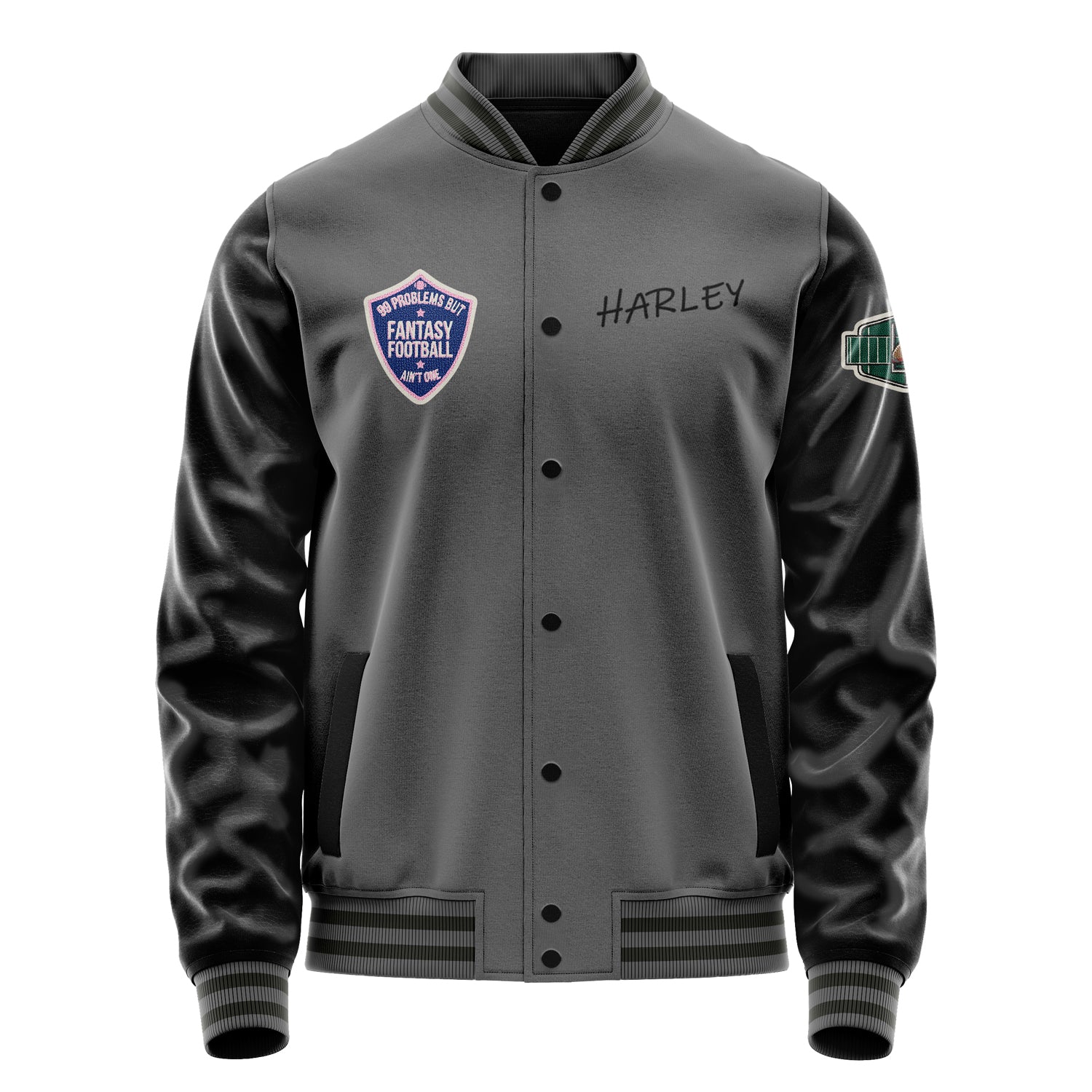 Custom Gray Varsity Jacket Patches Black Leather Sleeves - Green football helmet