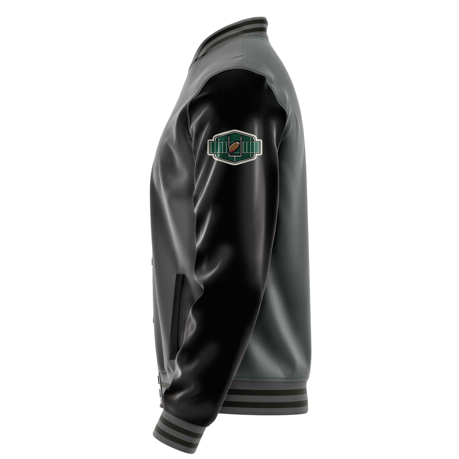 Custom Gray Varsity Jacket Patches Black Leather Sleeves - Green football helmet