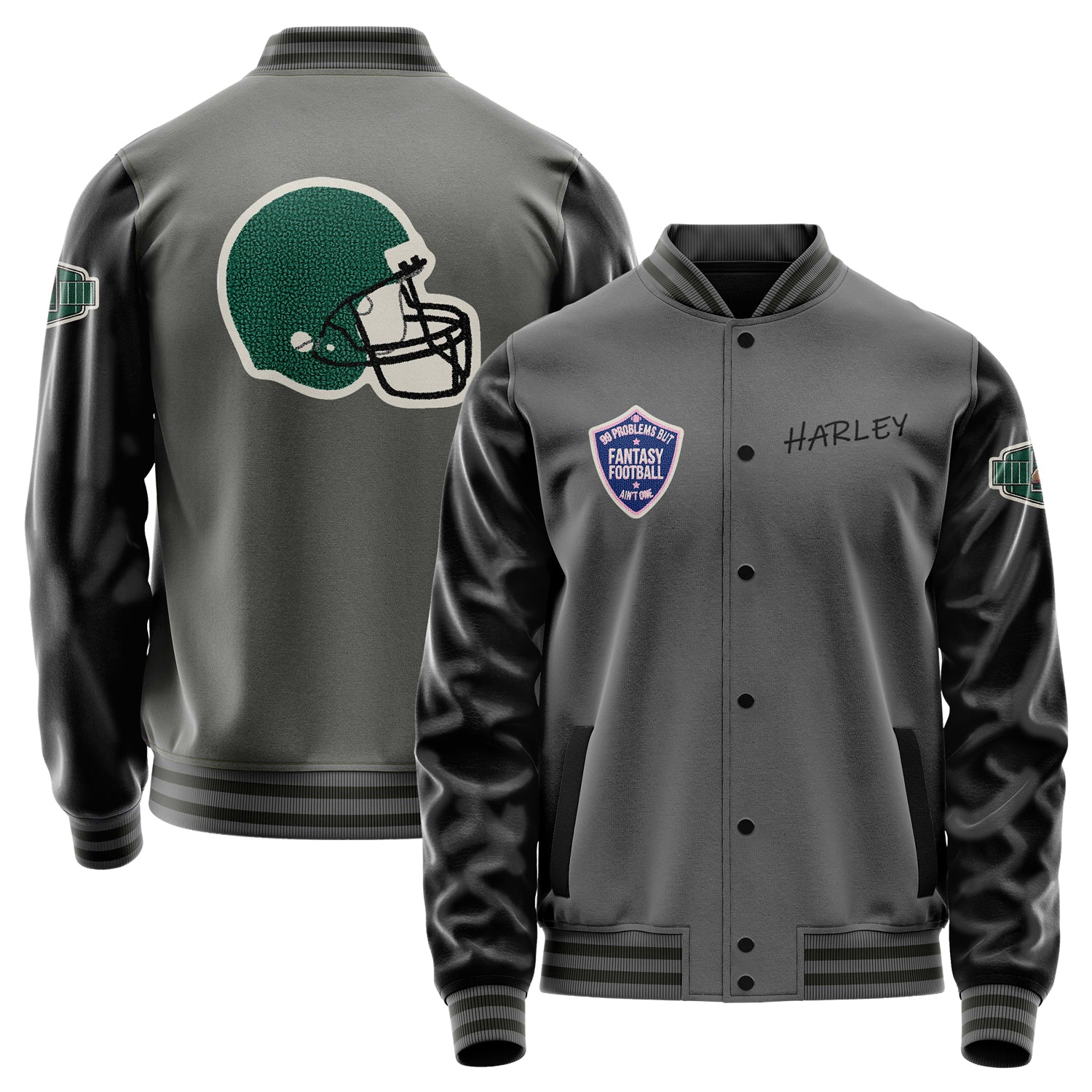 Custom Gray Varsity Jacket Patches Black Leather Sleeves - Green football helmet