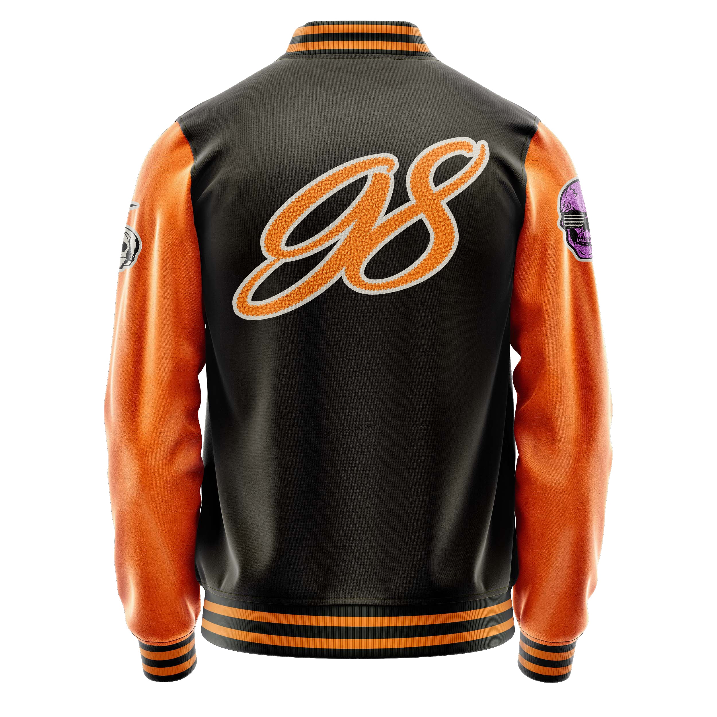 Custom Brown Varsity Jacket Patches Orange Leather Sleeves - Skull