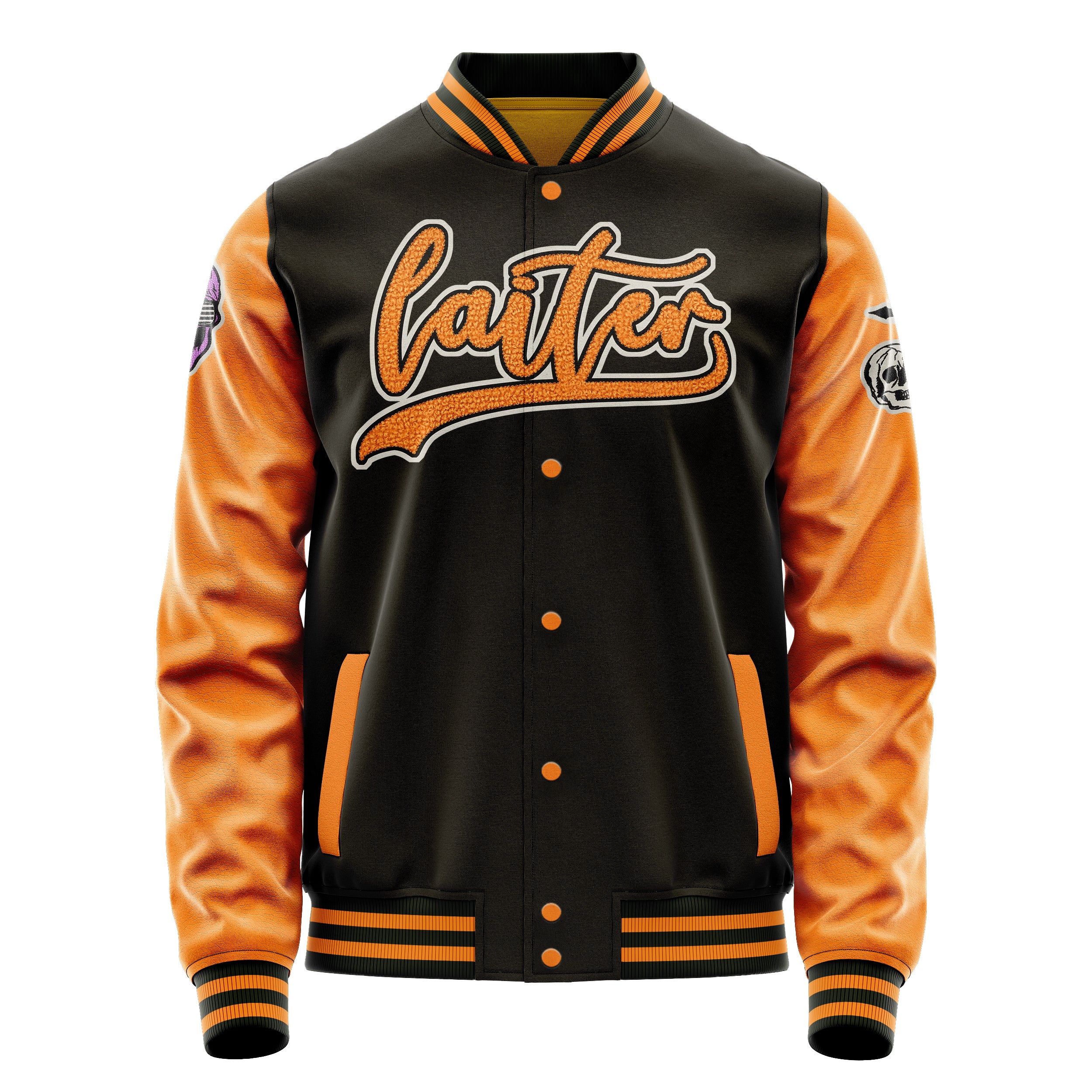 Custom Brown Varsity Jacket Patches Orange Leather Sleeves - Skull